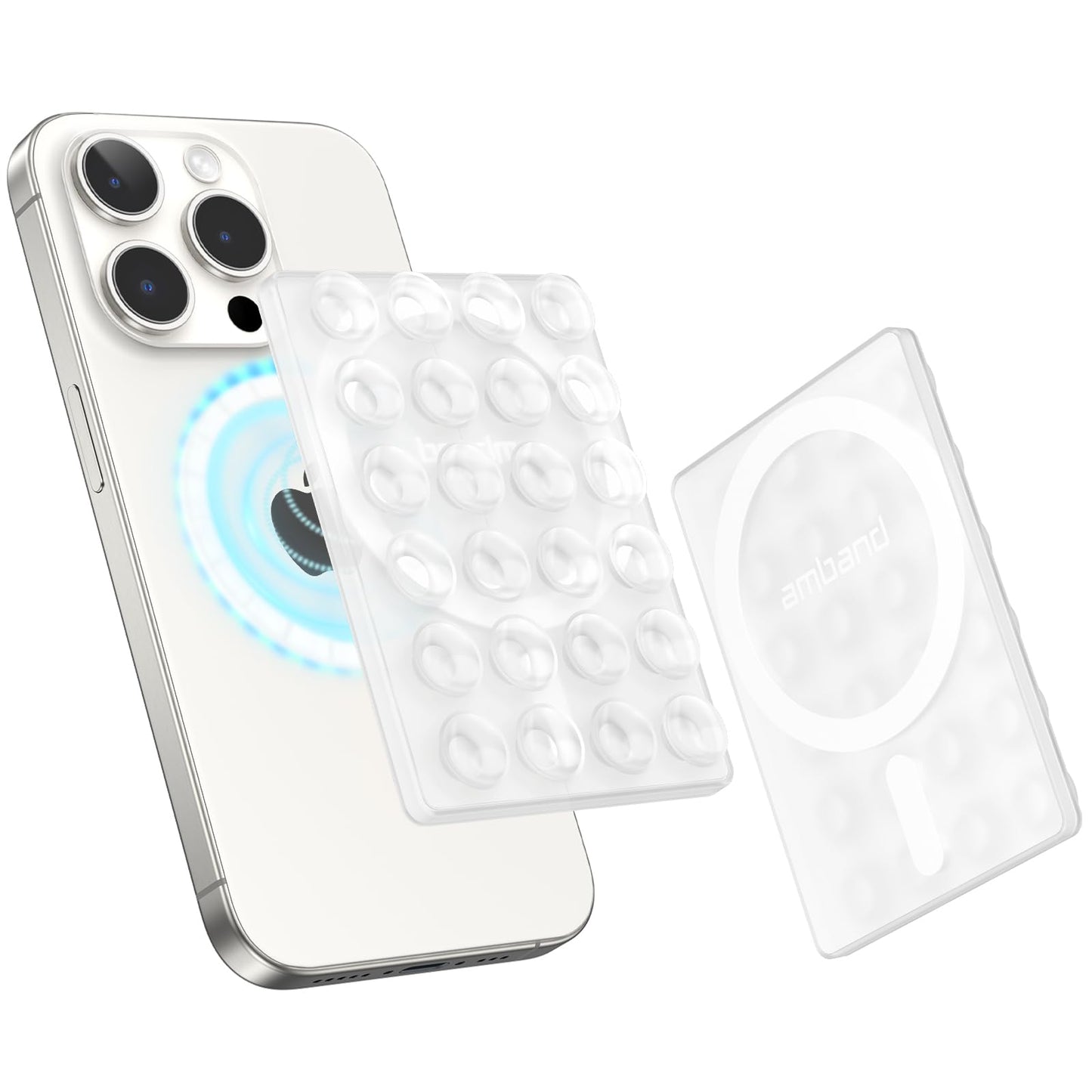 amBand Magnetic Suction Mirror Window Phone Holder, Sticky Grip Double Sided Mount for iPhone, Gym Bathroom Kitchen, Hands-Free for Makeup FaceTime Shower Viewing with MagSafe Accessories, Frost White