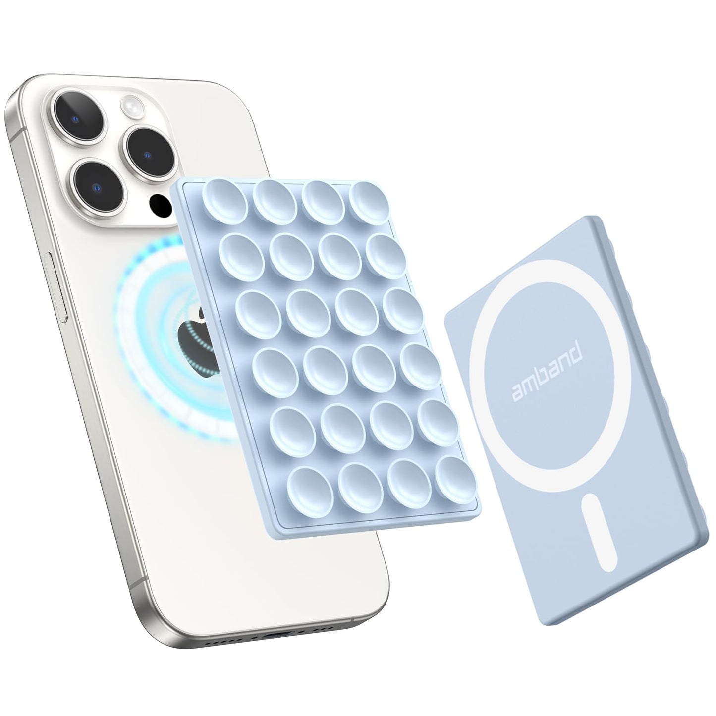 amBand Magnetic Suction Mirror Window Phone Holder, Sticky Grip Double Sided Mount for iPhone, Gym Bathroom Kitchen, Hands-Free for Makeup FaceTime Shower Viewing with MagSafe Accessories, Frost White
