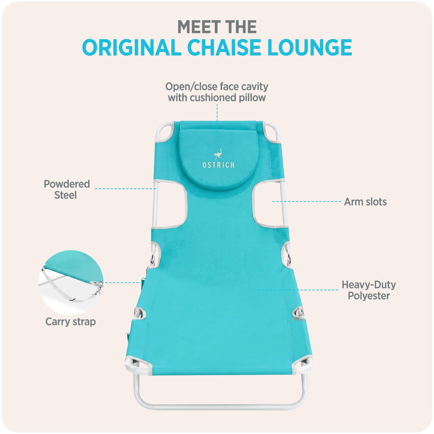 Ostrich the Original Chaise 72 x 22 Inch Lounge Portable Reclining Lounger, Outdoor Patio, Beach, Lawn, Camping, or Pool Tanning Chair, Teal