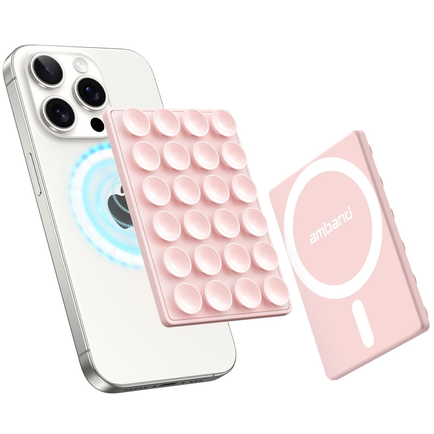 amBand Magnetic Suction Mirror Window Phone Holder, Sticky Grip Double Sided Mount for iPhone, Gym Bathroom Kitchen, Hands-Free for Makeup FaceTime Shower Viewing with MagSafe Accessories, Frost White