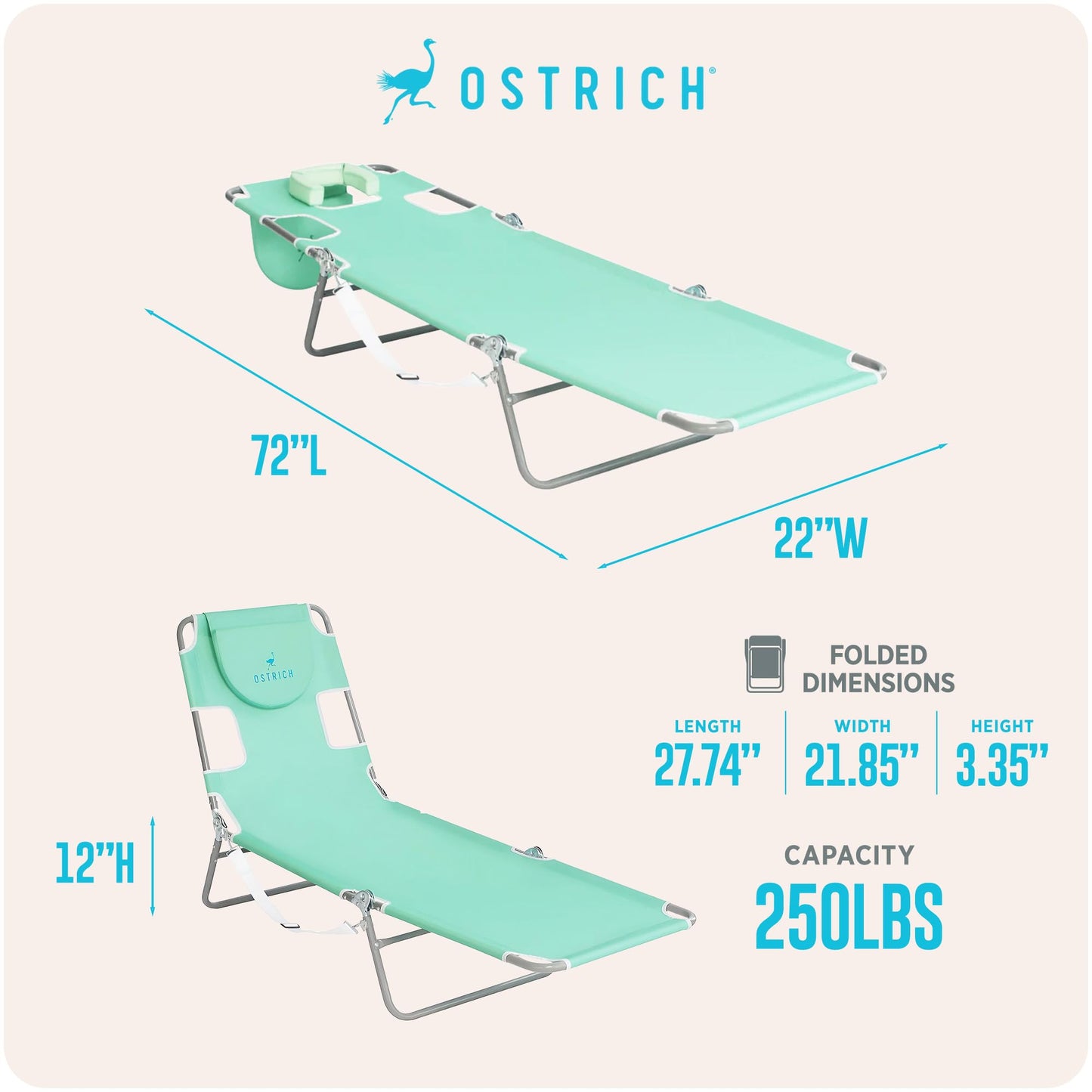 Ostrich the Original Chaise 72 x 22 Inch Lounge Portable Reclining Lounger, Outdoor Patio, Beach, Lawn, Camping, or Pool Tanning Chair, Teal