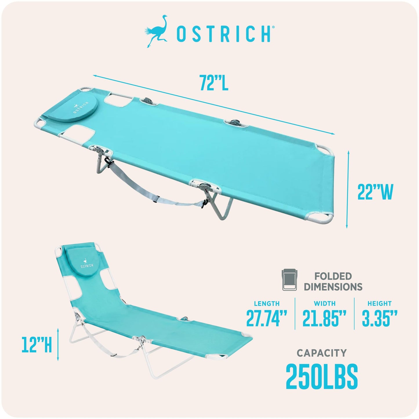 Ostrich the Original Chaise 72 x 22 Inch Lounge Portable Reclining Lounger, Outdoor Patio, Beach, Lawn, Camping, or Pool Tanning Chair, Teal