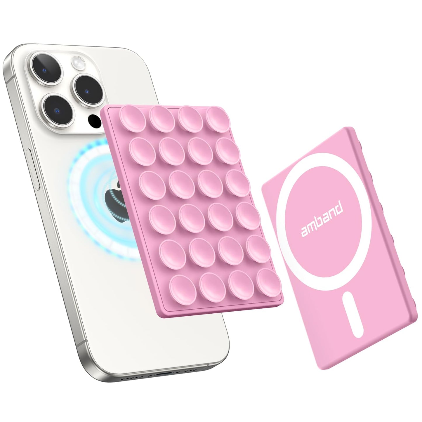 amBand Magnetic Suction Mirror Window Phone Holder, Sticky Grip Double Sided Mount for iPhone, Gym Bathroom Kitchen, Hands-Free for Makeup FaceTime Shower Viewing with MagSafe Accessories, Frost White