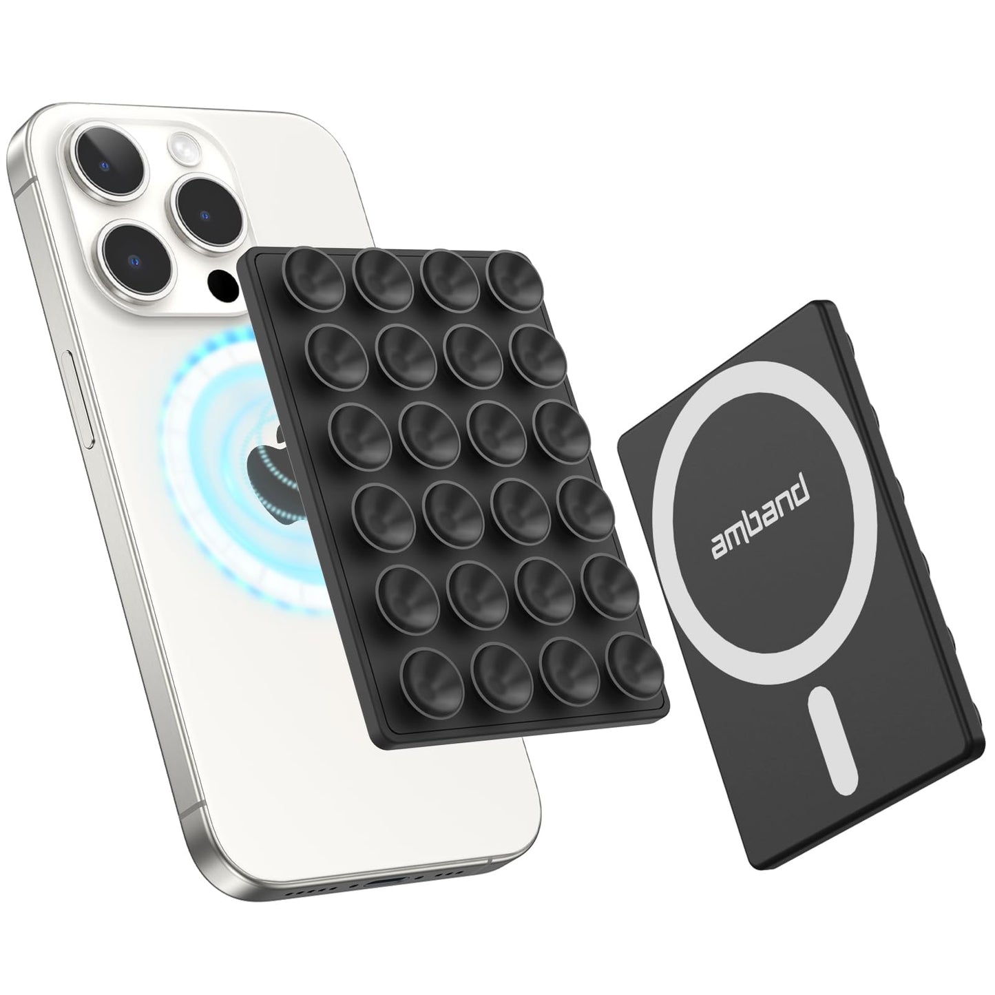 amBand Magnetic Suction Mirror Window Phone Holder, Sticky Grip Double Sided Mount for iPhone, Gym Bathroom Kitchen, Hands-Free for Makeup FaceTime Shower Viewing with MagSafe Accessories, Frost White