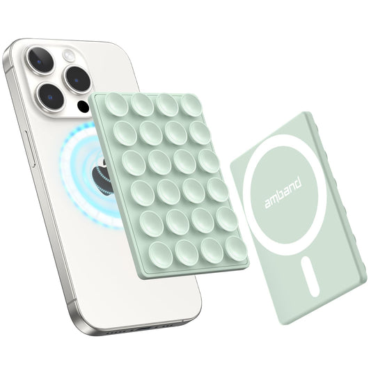 amBand Magnetic Suction Mirror Window Phone Holder, Sticky Grip Double Sided Mount for iPhone, Gym Bathroom Kitchen, Hands-Free for Makeup FaceTime Shower Viewing with MagSafe Accessories, Frost White