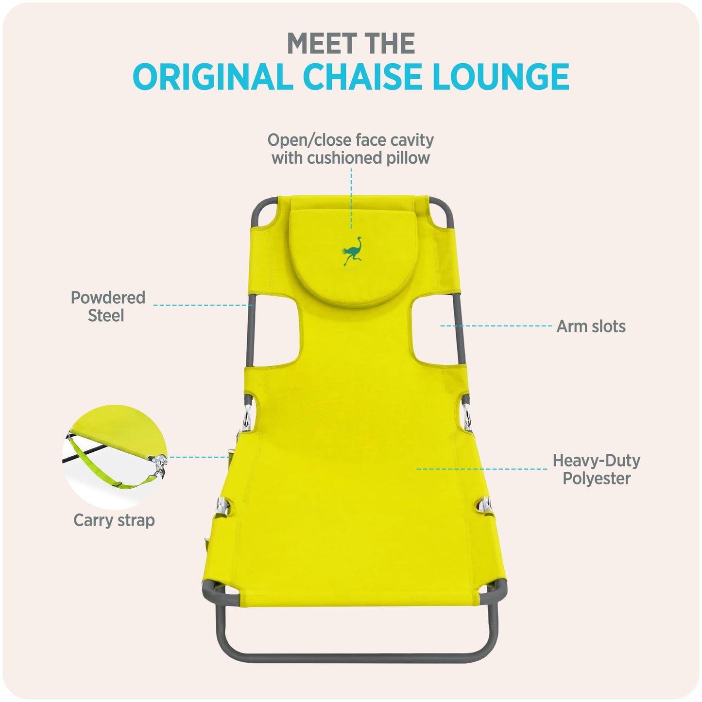 Ostrich the Original Chaise 72 x 22 Inch Lounge Portable Reclining Lounger, Outdoor Patio, Beach, Lawn, Camping, or Pool Tanning Chair, Teal