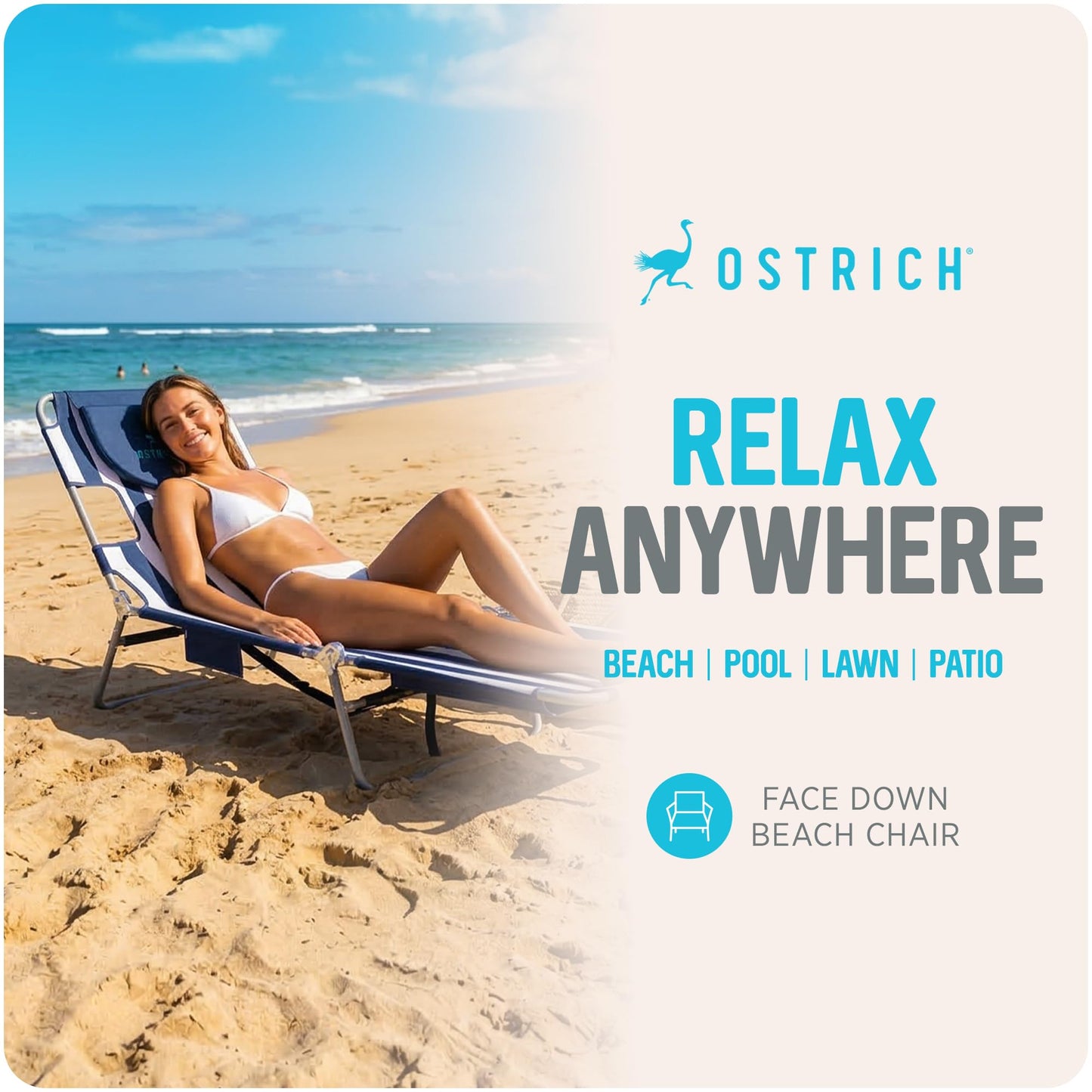 Ostrich the Original Chaise 72 x 22 Inch Lounge Portable Reclining Lounger, Outdoor Patio, Beach, Lawn, Camping, or Pool Tanning Chair, Teal