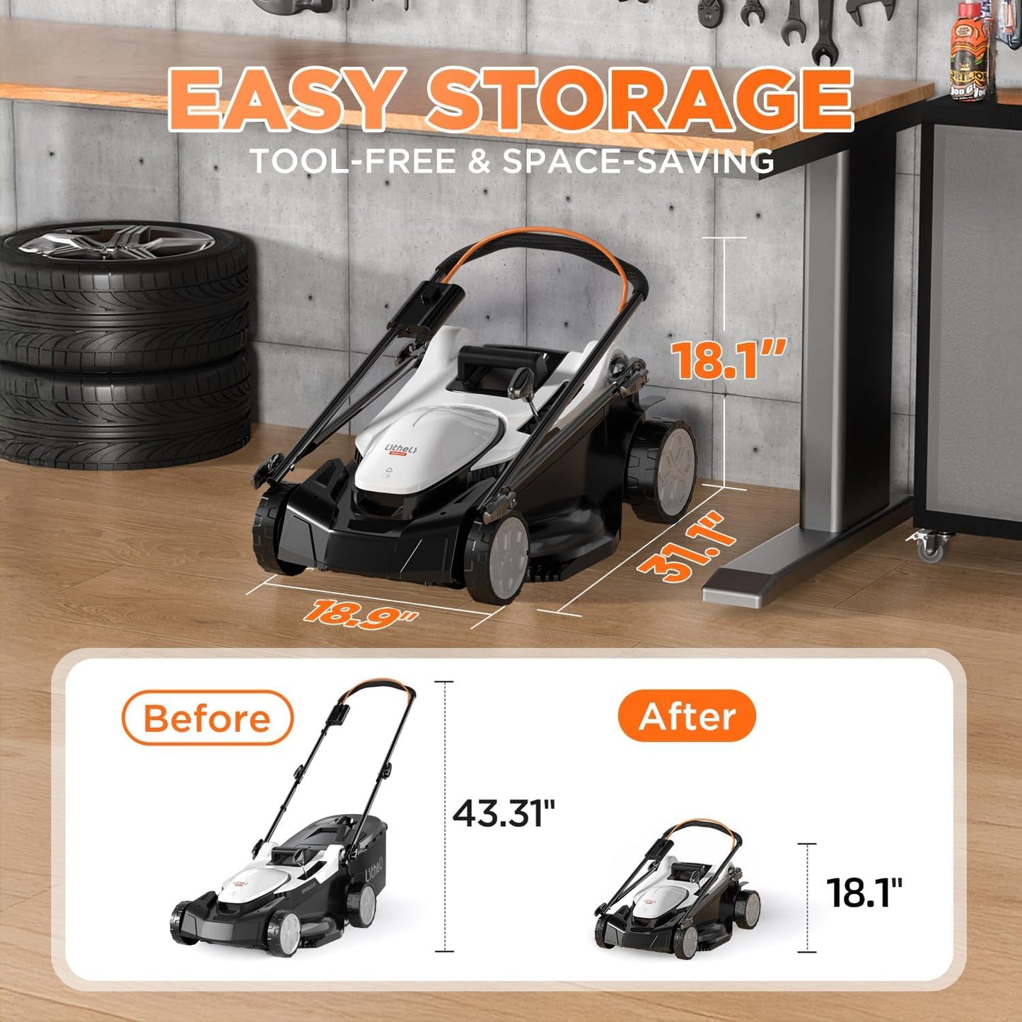 Litheli 18-inch 40V Brushless Lawn Mower for Garden Yards, Lightweight Cordless Lawn Mower Battery Powered with 6-Position Height Adjustment, 2x5.0Ah Battery Included