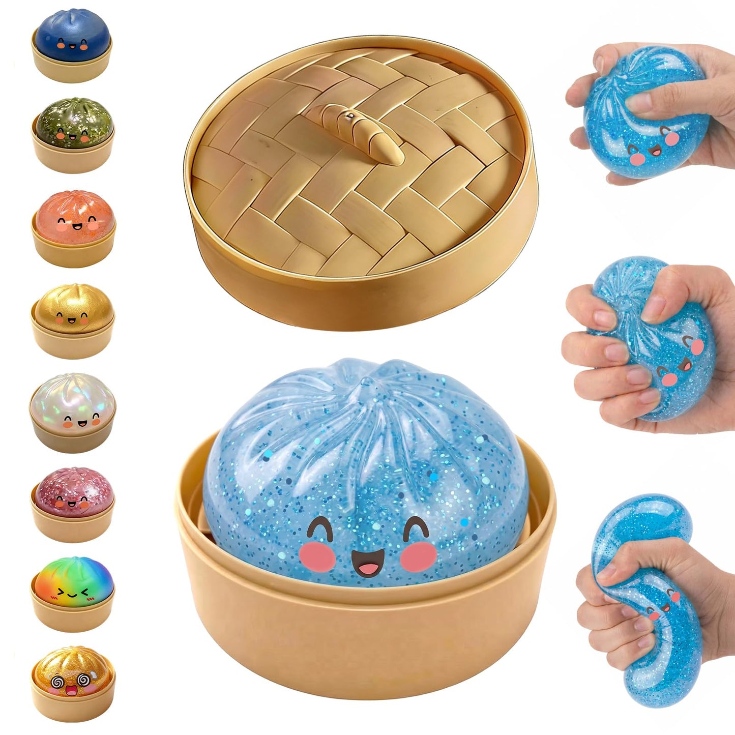 Glitter Dumpling Squishy,Dumpling Squishies,Glitter Dumpling Mystery Box,Colorful Dumpling Stress Balls Fidget,Jumbo Squishy Toy with Steamer Box Suitable for Adult use in Offices (Glitter White)