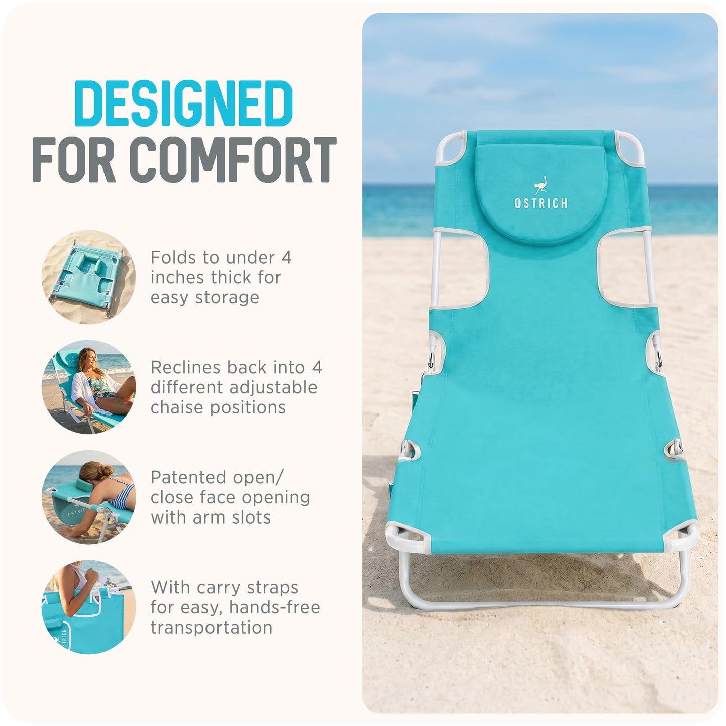 Ostrich the Original Chaise 72 x 22 Inch Lounge Portable Reclining Lounger, Outdoor Patio, Beach, Lawn, Camping, or Pool Tanning Chair, Teal