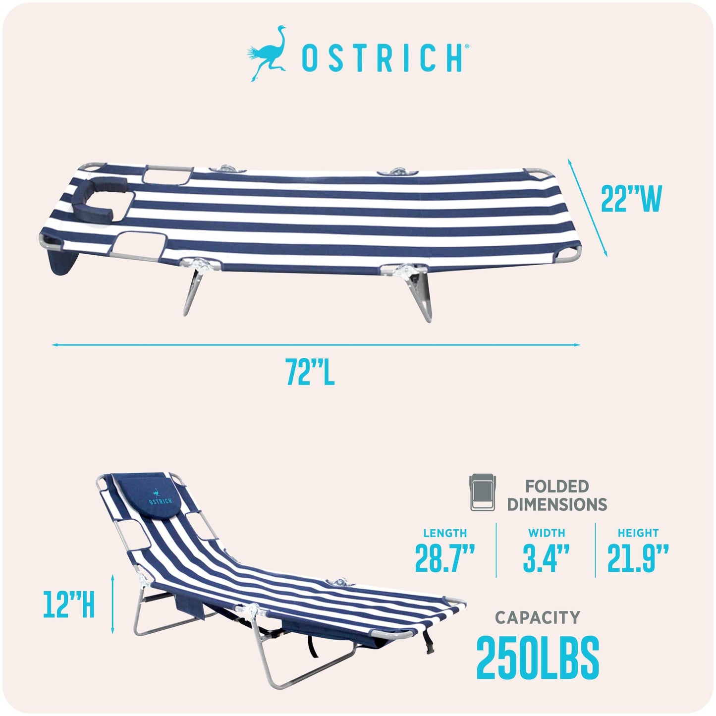 Ostrich the Original Chaise 72 x 22 Inch Lounge Portable Reclining Lounger, Outdoor Patio, Beach, Lawn, Camping, or Pool Tanning Chair, Teal