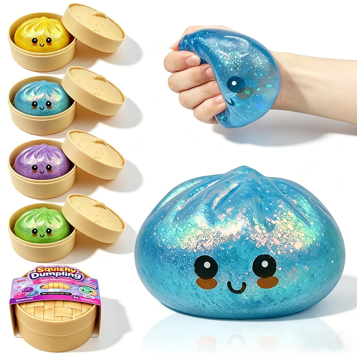 Anditoy Dumpling Squishy Toys Glitter Dumpling Stress Balls Giant Squishy Mystery Box Squeeze Toys for Adults Stress Relief Desk Toys Kids Party Favors Birthday Gifts (Blue)