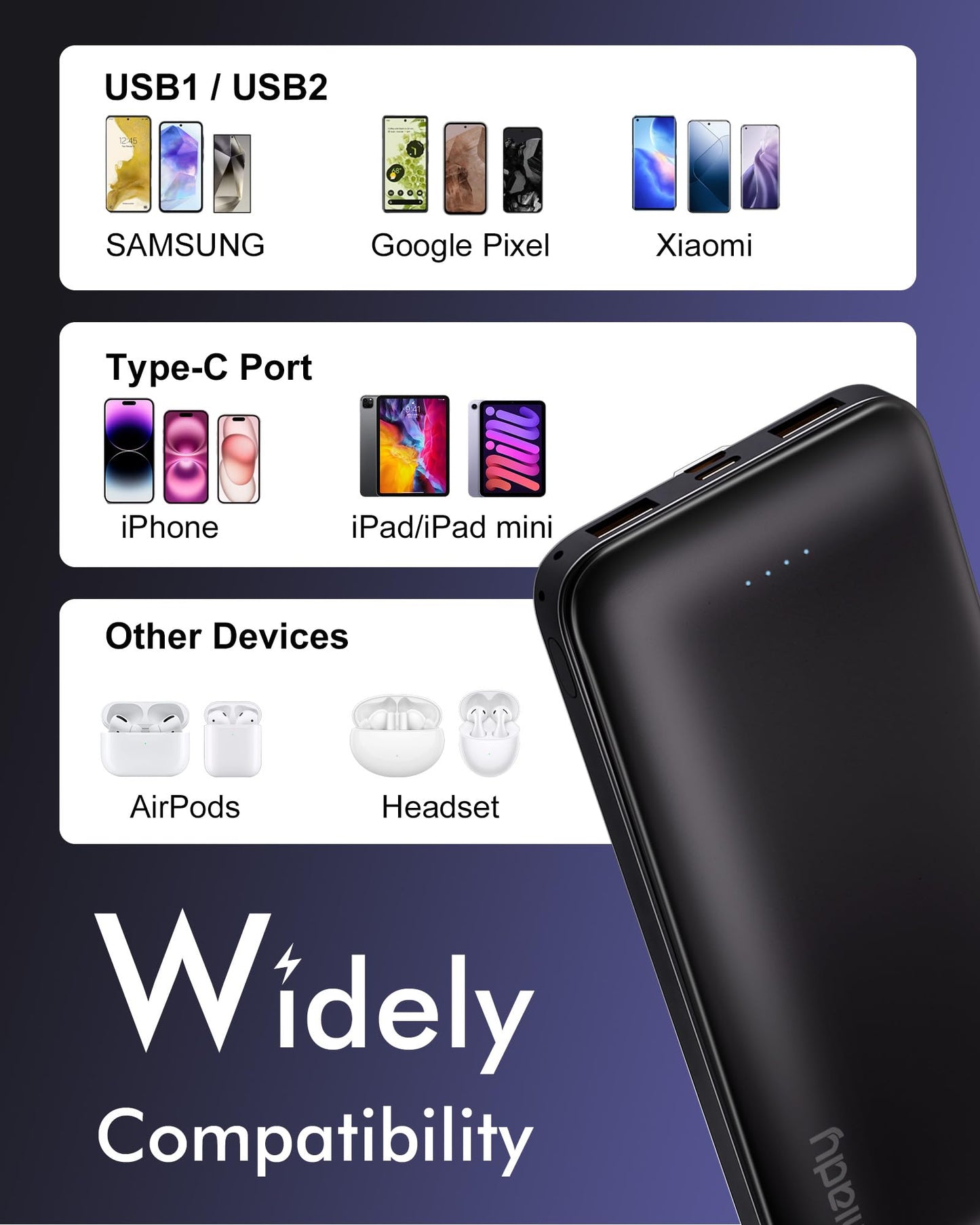 Miady 2-Pack Portable Charger, Slim 10000mAh Power Bank Travel Battery Pack 3 Outputs 2 Inputs Compatible with iPhone 17/16/15/14/13 Galaxy S24/22 iPad Android etc (Black+White)