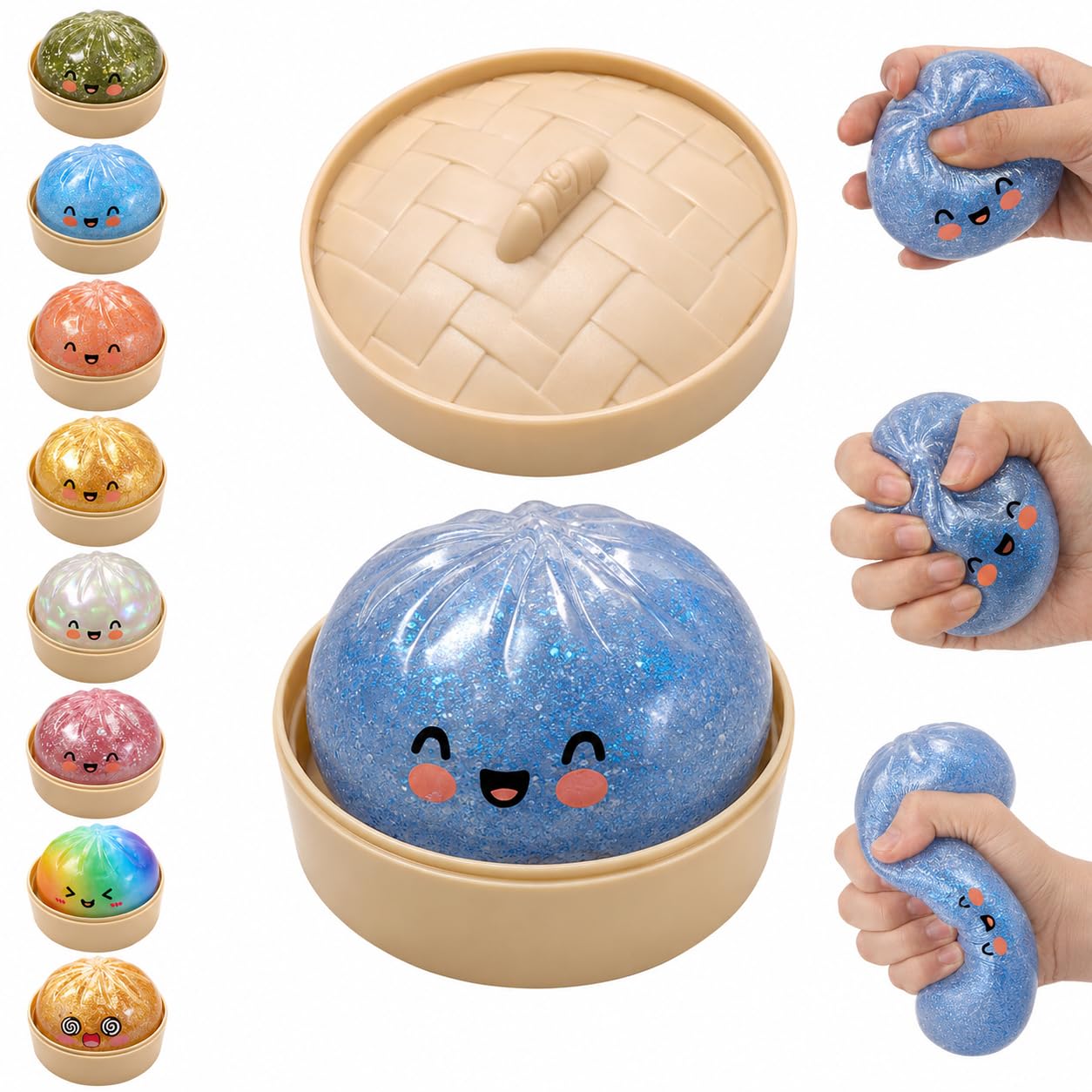 Glitter Dumpling Squishy,Dumpling Squishies,Glitter Dumpling Mystery Box,Colorful Dumpling Stress Balls Fidget,Jumbo Squishy Toy with Steamer Box Suitable for Adult use in Offices (Glitter White)