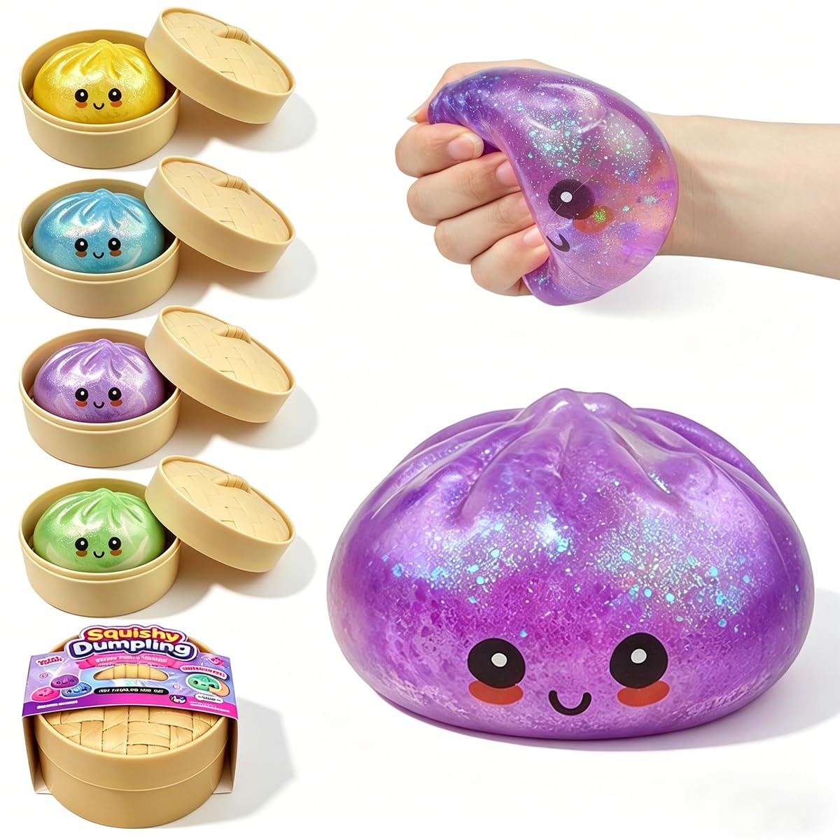 Anditoy Dumpling Squishy Toys Glitter Dumpling Stress Balls Giant Squishy Mystery Box Squeeze Toys for Adults Stress Relief Desk Toys Kids Party Favors Birthday Gifts (Blue)