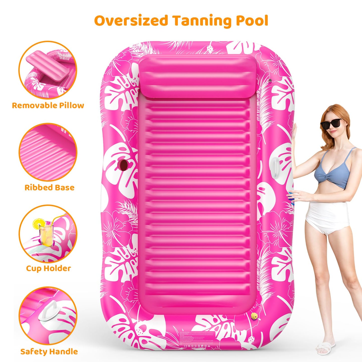 Inflatable Tanning Pool Lounger Float with Sprinkler, 77" x 48" Pool Floats Adult with Pillow, 6 in 1 Suntan Tub Raft Floatie with Drink Holder Sunbathing Water Lounge
