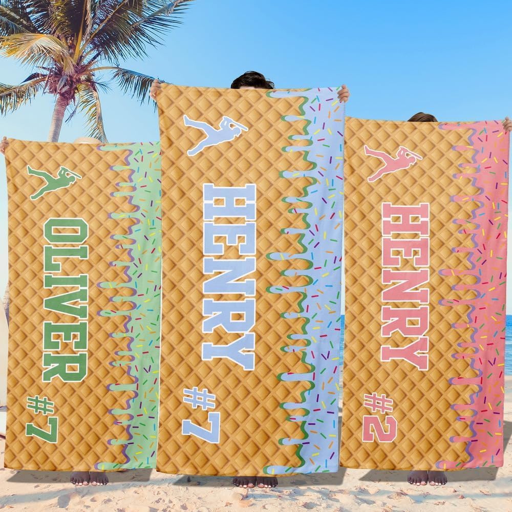 Personalized Beach Towels for Kids - Custom Ice Cream Drip Baseball Beach Towel for Boys,Customized Ultra Absorbent Super Soft Swim/Pool Towel,Team Gift,Youth Baseball Gift for Boys