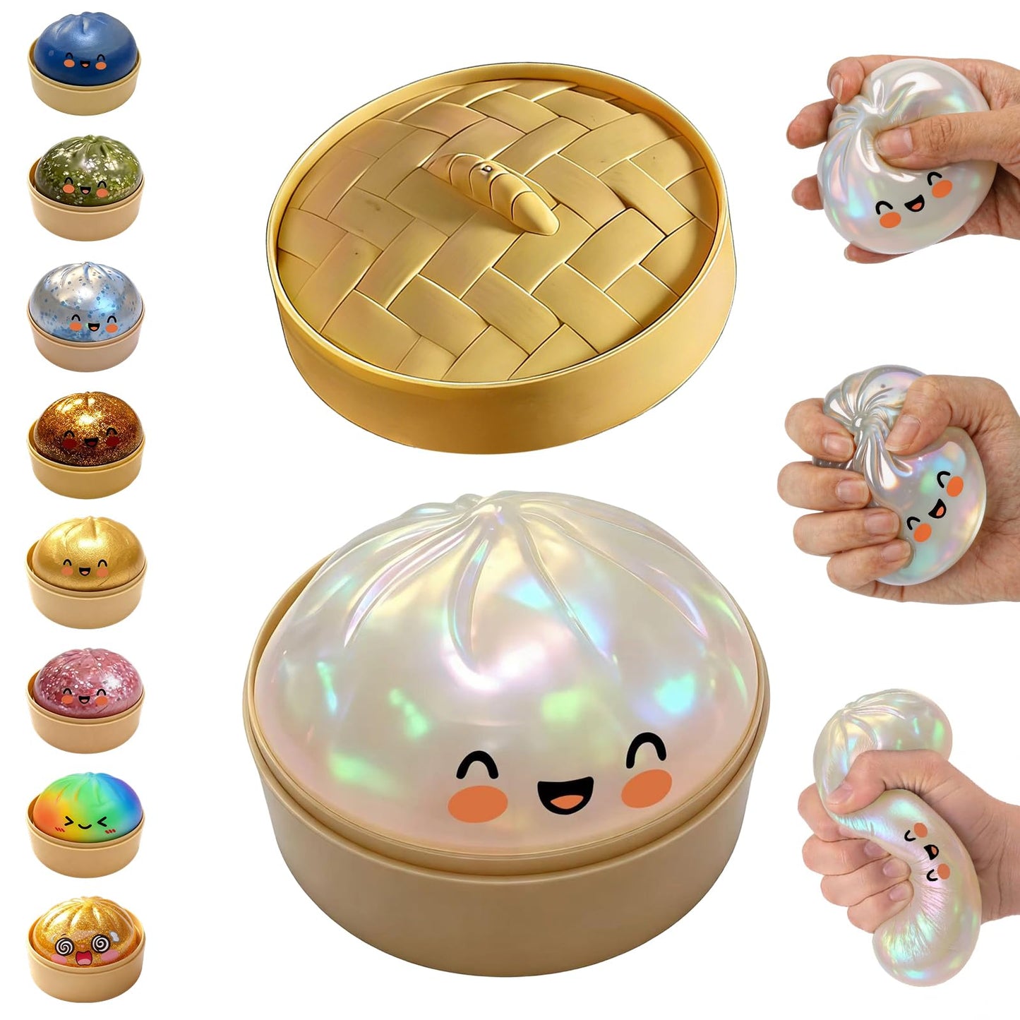 Glitter Dumpling Squishy,Dumpling Squishies,Glitter Dumpling Mystery Box,Colorful Dumpling Stress Balls Fidget,Jumbo Squishy Toy with Steamer Box Suitable for Adult use in Offices (Glitter White)