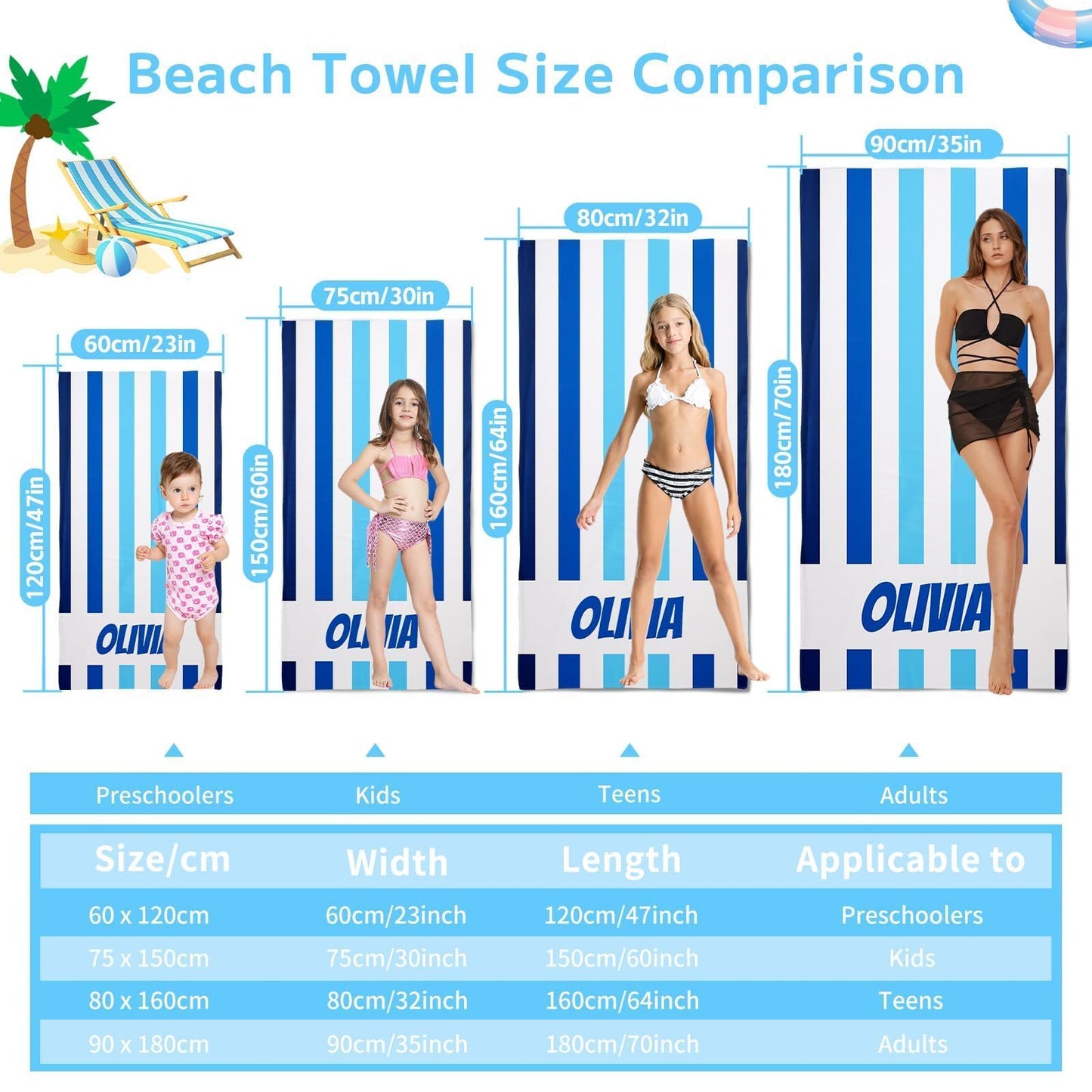 Personalized Beach Towels for Kids Adults - Custom Kids Beach Towels with Names- Customized Sand Free Quick Dry Striped Bath/Pool/Beach Towel for Boys Girls Women Men(Color1)