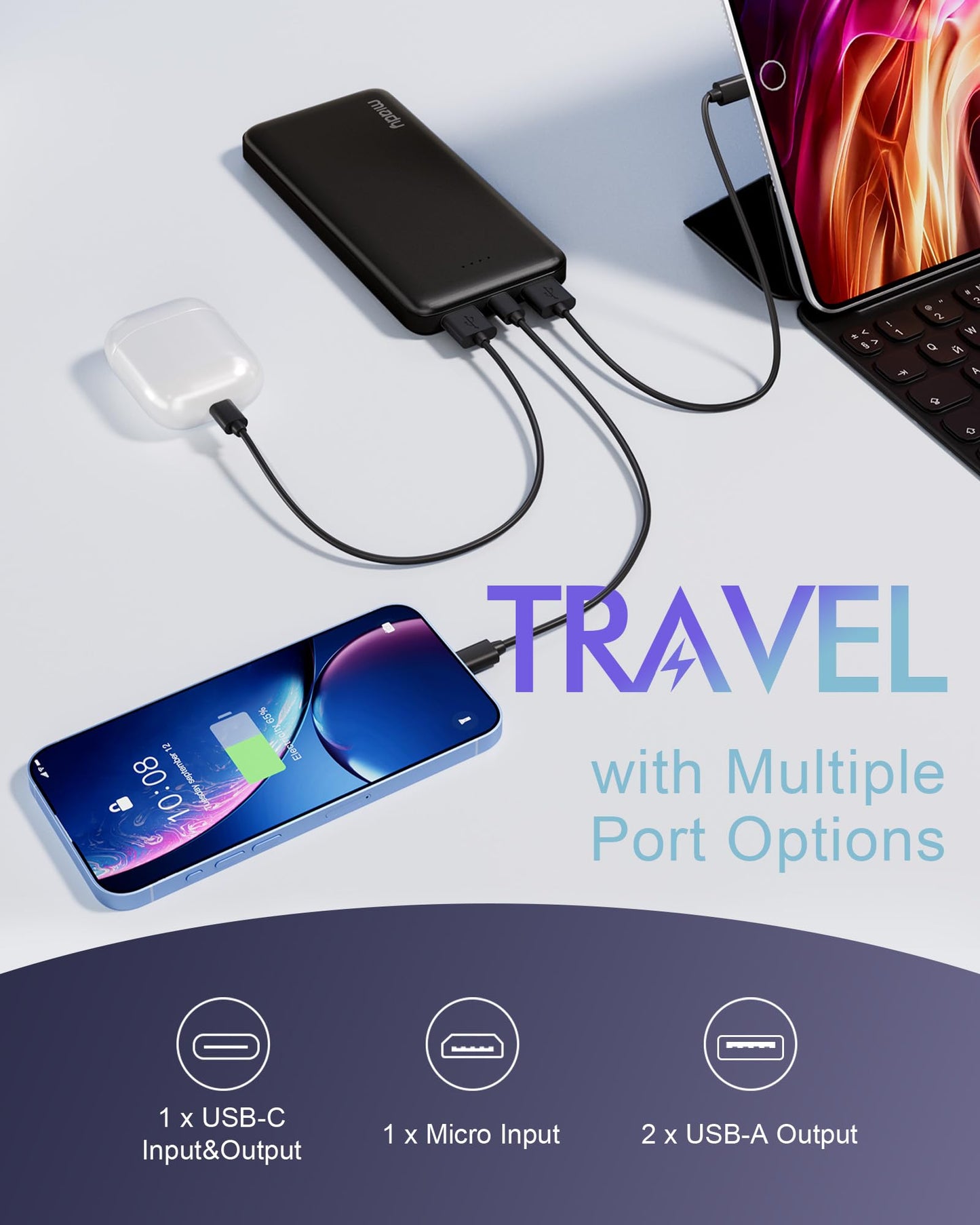 Miady 2-Pack Portable Charger, Slim 10000mAh Power Bank Travel Battery Pack 3 Outputs 2 Inputs Compatible with iPhone 17/16/15/14/13 Galaxy S24/22 iPad Android etc (Black+White)