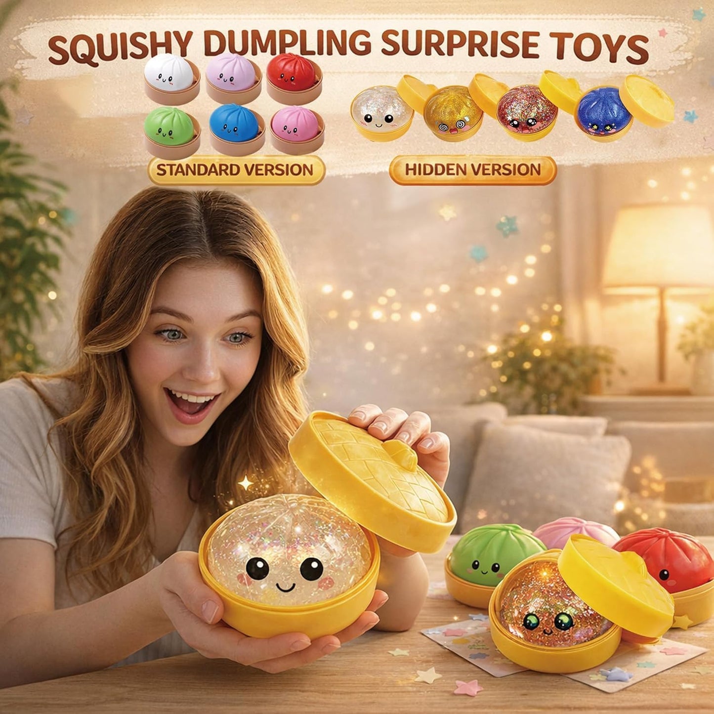 Dumpling Squishies, Glitter Dumpling, Glitter Dumplings Squishy with Box, Dumplings Sensory Squeeze Toy for Stress Relief Stretchy Desk Toys (Gold)