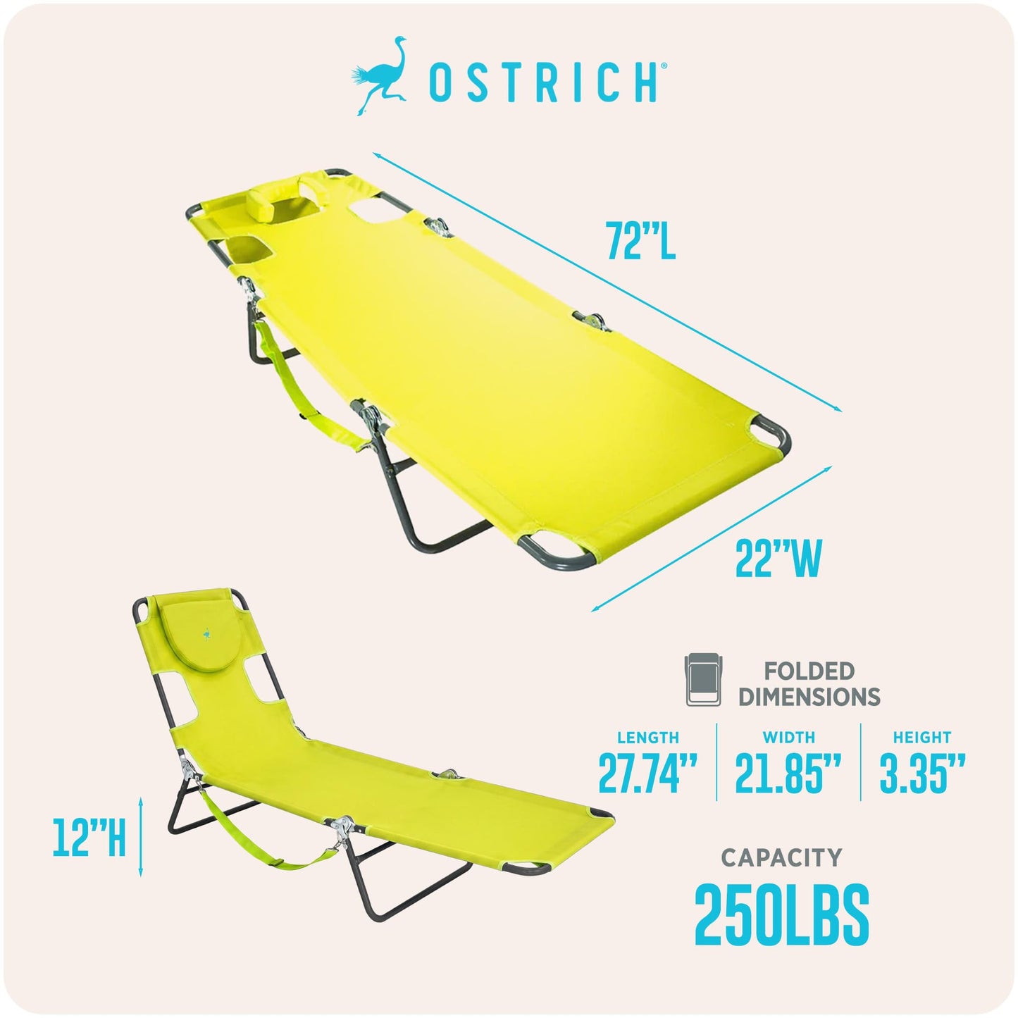 Ostrich the Original Chaise 72 x 22 Inch Lounge Portable Reclining Lounger, Outdoor Patio, Beach, Lawn, Camping, or Pool Tanning Chair, Teal