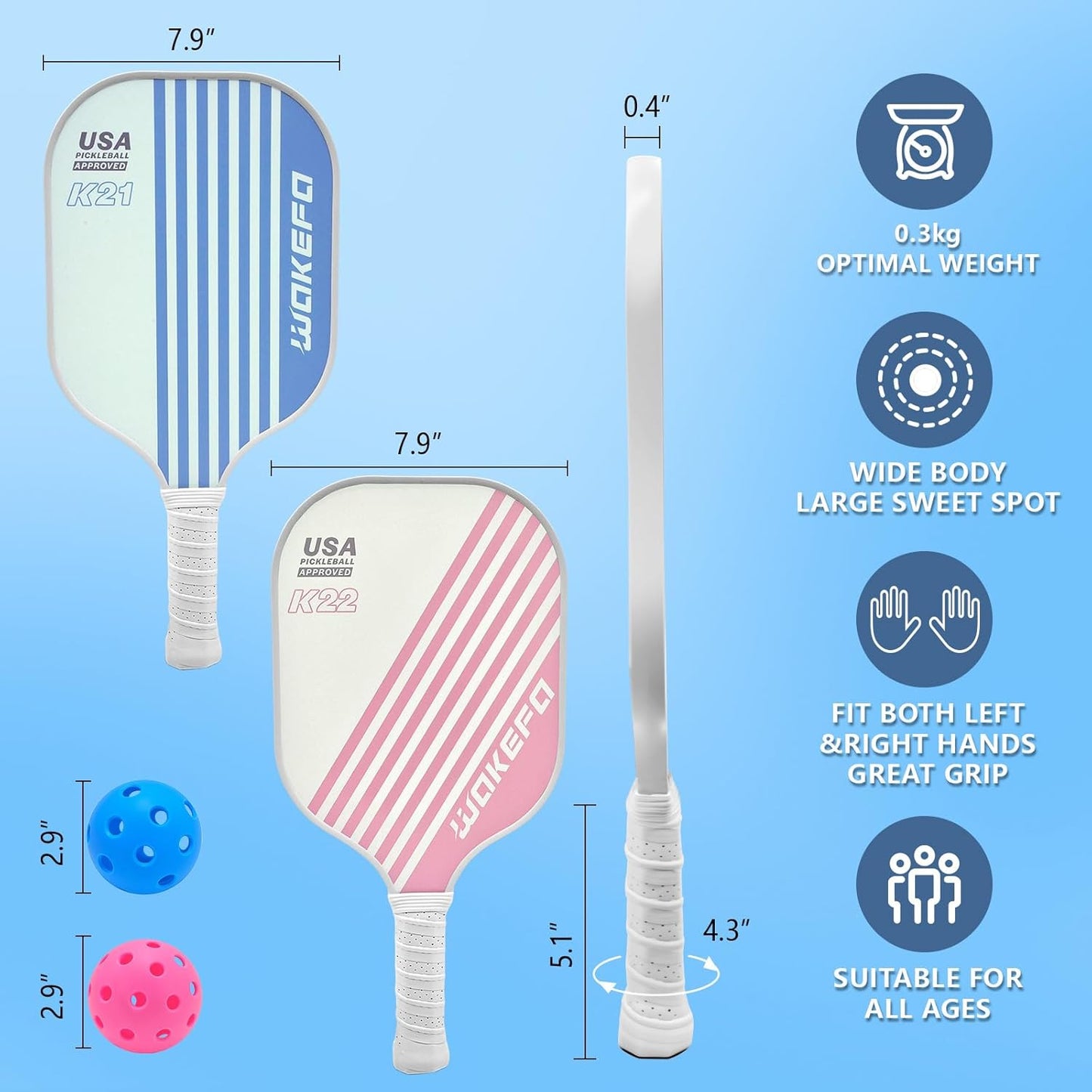 Pickleball Paddles Set- Premium Fiberglass Face & Polymer Honeycomb Core Pickleball Set Includes 4 Pickleball Paddles + 4 Pickleball Balls + 1 Bag,Pickleballs Paddle Pack Gifts for Beginner&Pro