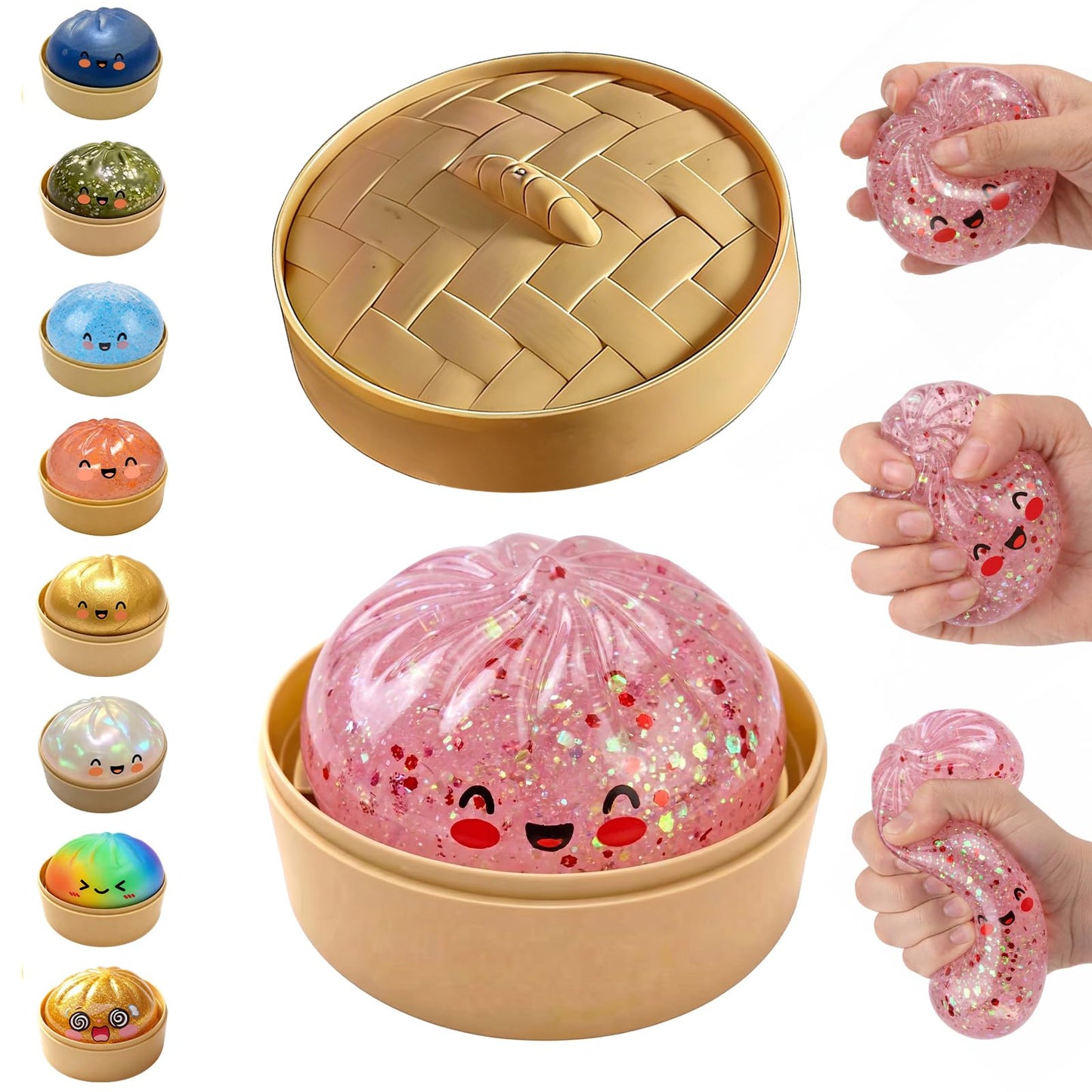 Glitter Dumpling Squishy,Dumpling Squishies,Glitter Dumpling Mystery Box,Colorful Dumpling Stress Balls Fidget,Jumbo Squishy Toy with Steamer Box Suitable for Adult use in Offices (Glitter White)