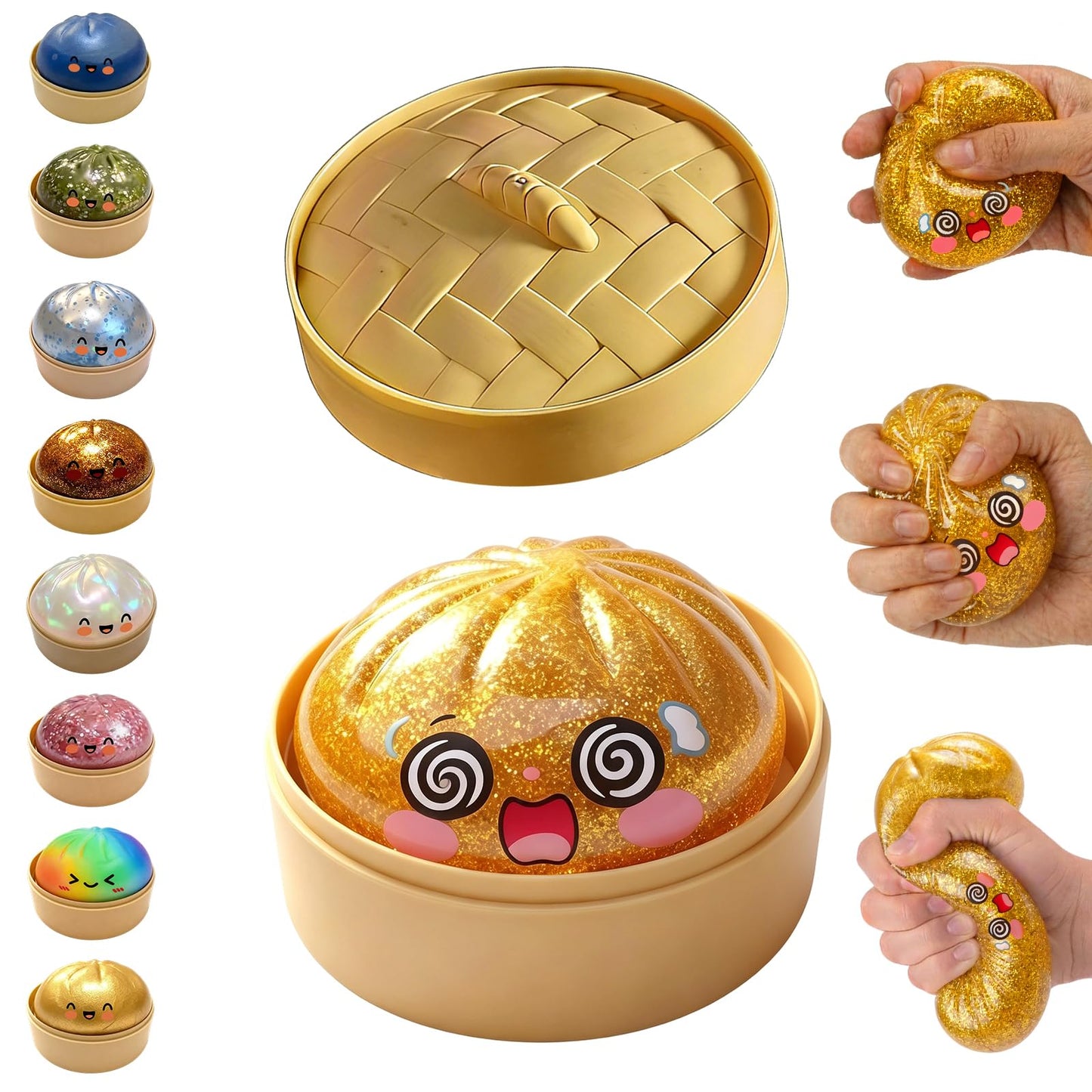 Glitter Dumpling Squishy,Dumpling Squishies,Glitter Dumpling Mystery Box,Colorful Dumpling Stress Balls Fidget,Jumbo Squishy Toy with Steamer Box Suitable for Adult use in Offices (Glitter White)