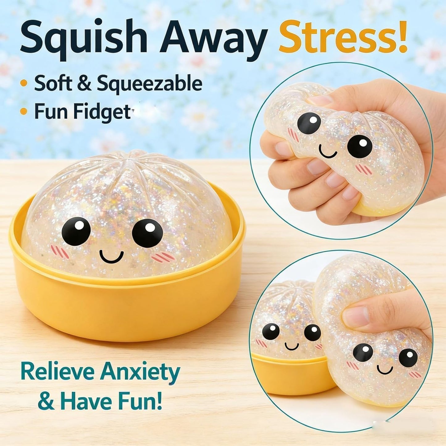 Dumpling Squishies, Glitter Dumpling, Glitter Dumplings Squishy with Box, Dumplings Sensory Squeeze Toy for Stress Relief Stretchy Desk Toys (Gold)