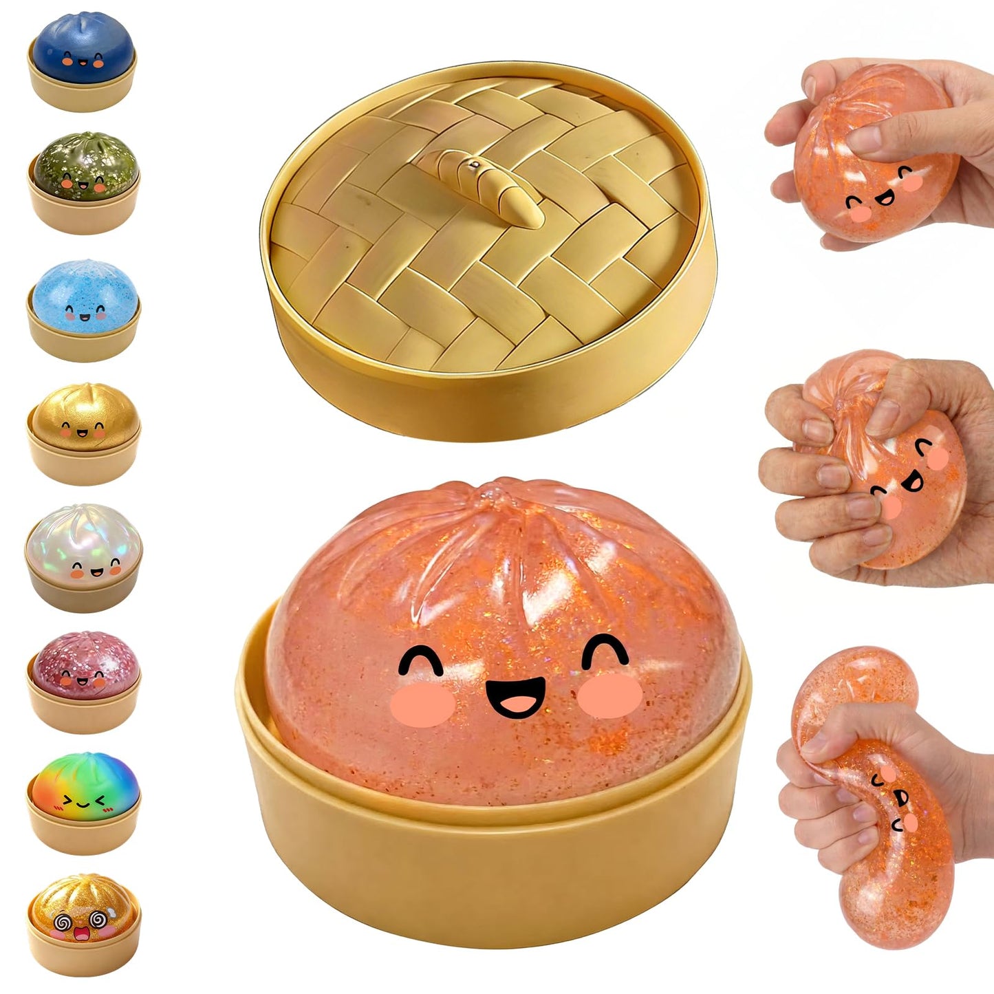 Glitter Dumpling Squishy,Dumpling Squishies,Glitter Dumpling Mystery Box,Colorful Dumpling Stress Balls Fidget,Jumbo Squishy Toy with Steamer Box Suitable for Adult use in Offices (Glitter White)