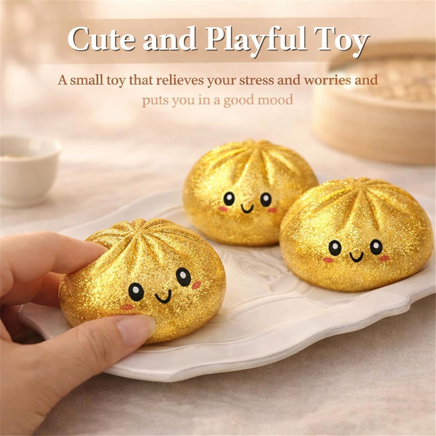 Dumpling Squishies, Glitter Dumpling, Glitter Dumplings Squishy with Box, Dumplings Sensory Squeeze Toy for Stress Relief Stretchy Desk Toys (Gold)