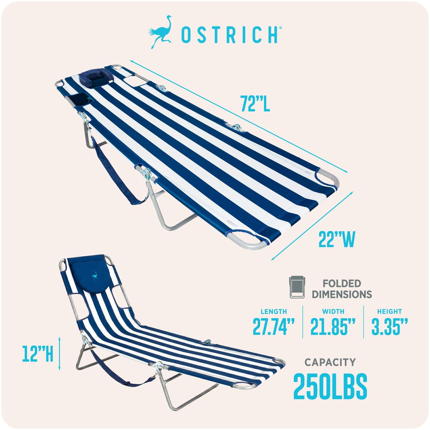 Ostrich the Original Chaise 72 x 22 Inch Lounge Portable Reclining Lounger, Outdoor Patio, Beach, Lawn, Camping, or Pool Tanning Chair, Teal