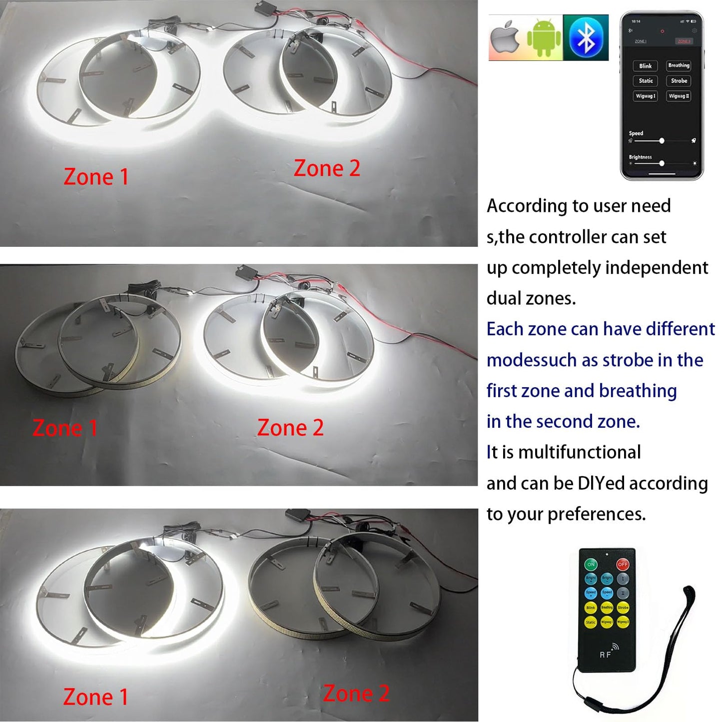 New 4Pcs 17in 8 Row Wheel Ring Lights Super Bright 8896Pcs 5730SMD LED Wheel Light with APP & RF Remote Control,Waterproof IP68 Pure White Wheel Rim Lights