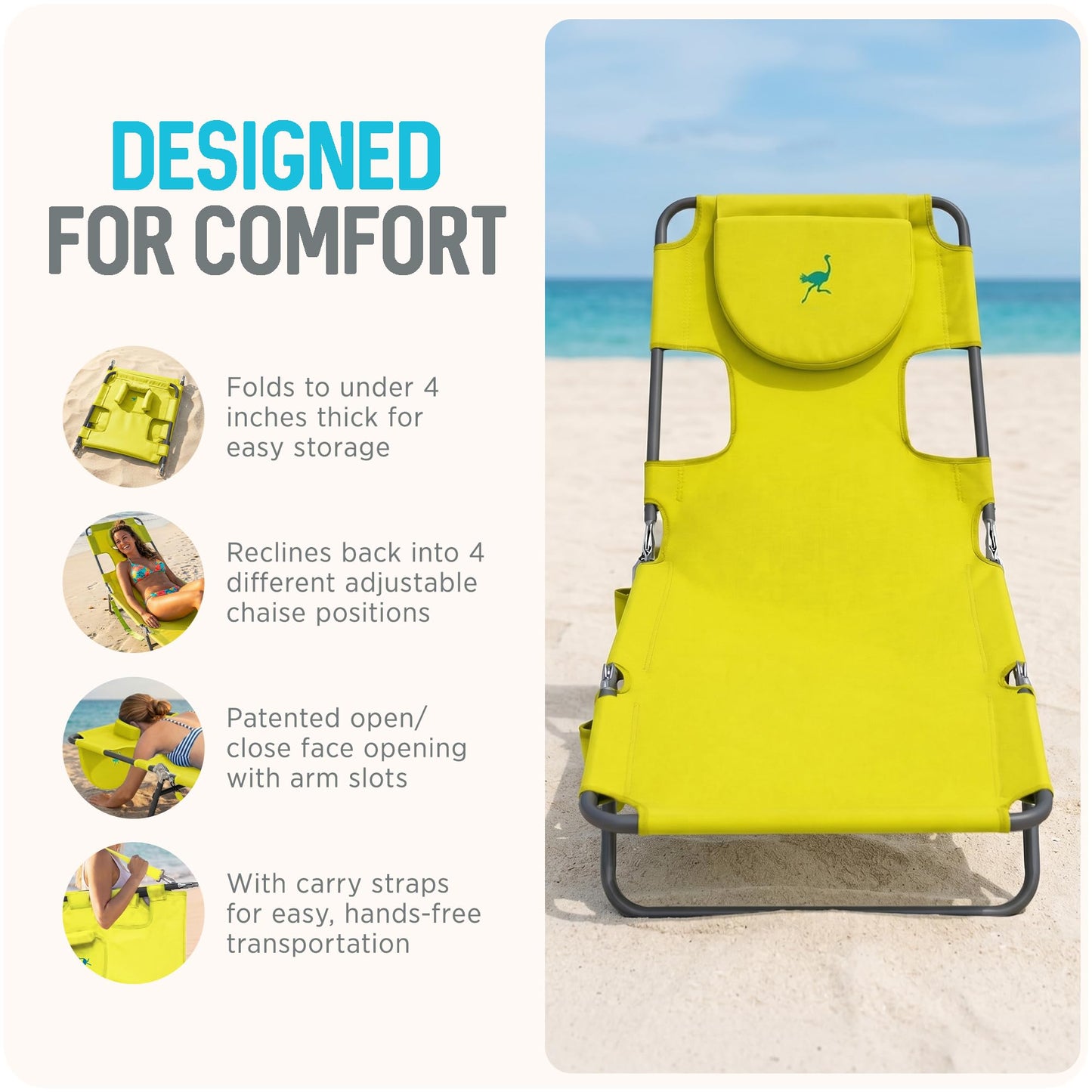 Ostrich the Original Chaise 72 x 22 Inch Lounge Portable Reclining Lounger, Outdoor Patio, Beach, Lawn, Camping, or Pool Tanning Chair, Teal