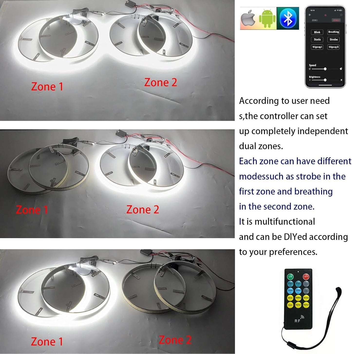 New 4Pcs 17in 8 Row Wheel Ring Lights Super Bright 8896Pcs 5730SMD LED Wheel Light with APP & RF Remote Control,Waterproof IP68 Pure White Wheel Rim Lights