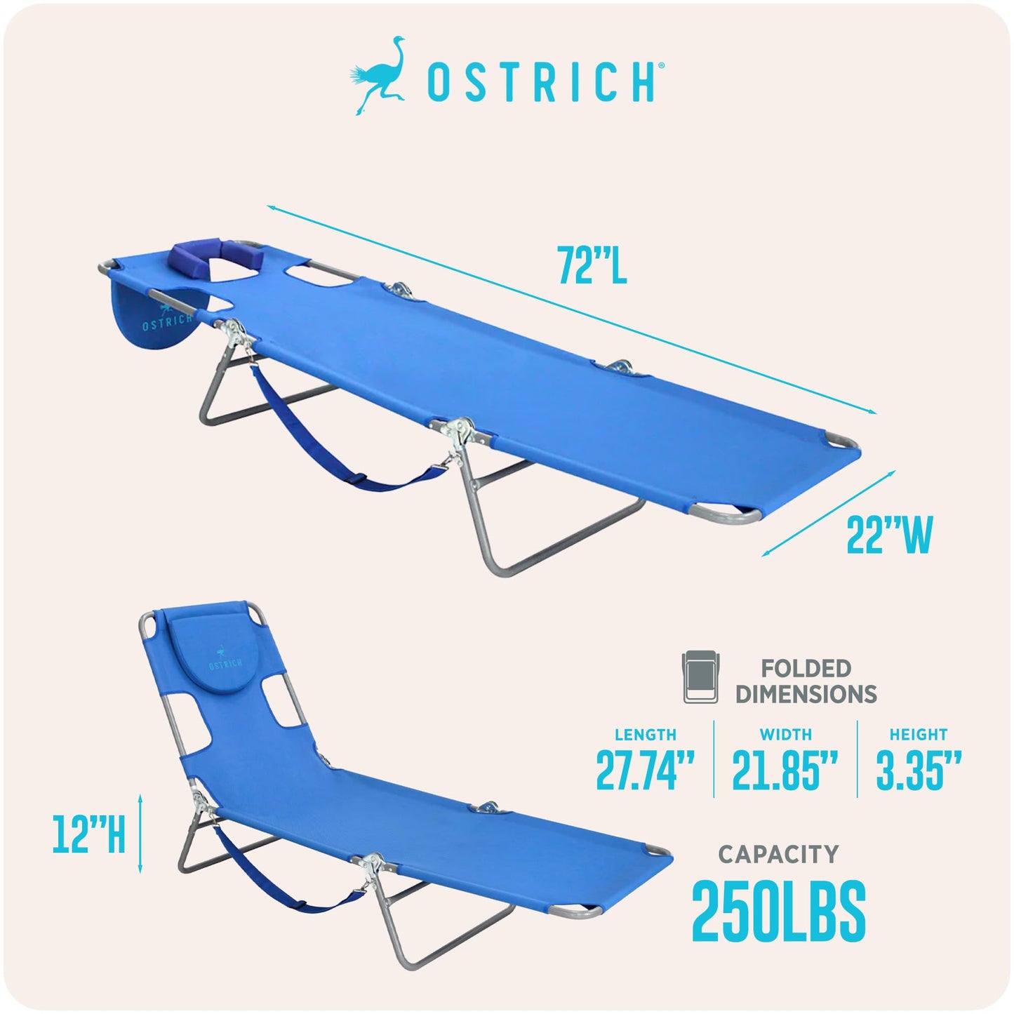 Ostrich the Original Chaise 72 x 22 Inch Lounge Portable Reclining Lounger, Outdoor Patio, Beach, Lawn, Camping, or Pool Tanning Chair, Teal