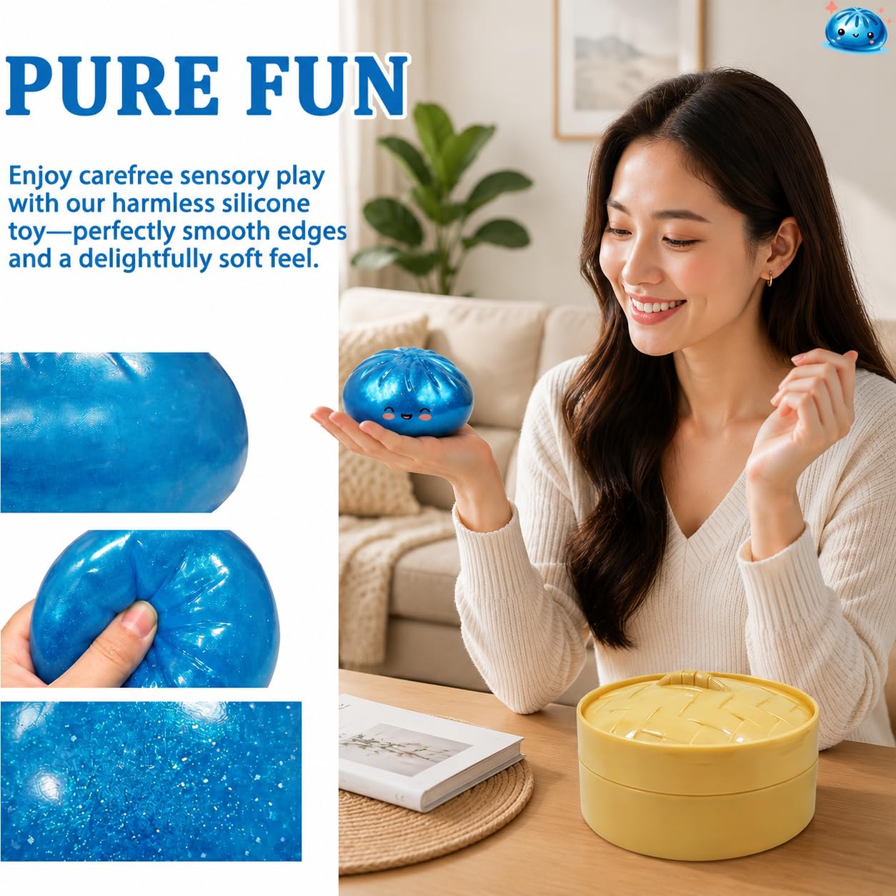 Dumpling Squishies, Glitter Dumpling, Glitter Dumplings Squishy with Box, Dumplings Sensory Squeeze Toy for Stress Relief Stretchy Desk Toys (Gold)