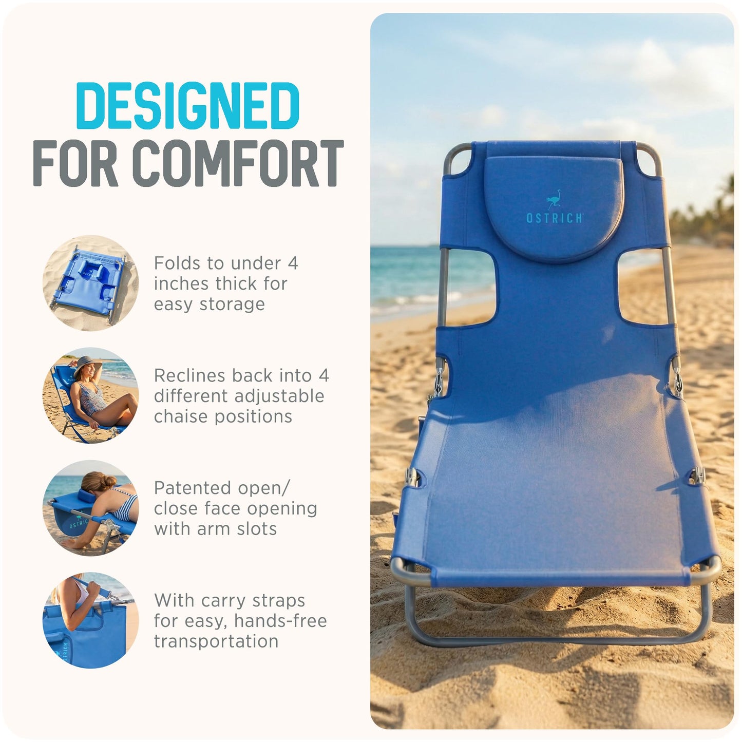 Ostrich the Original Chaise 72 x 22 Inch Lounge Portable Reclining Lounger, Outdoor Patio, Beach, Lawn, Camping, or Pool Tanning Chair, Teal