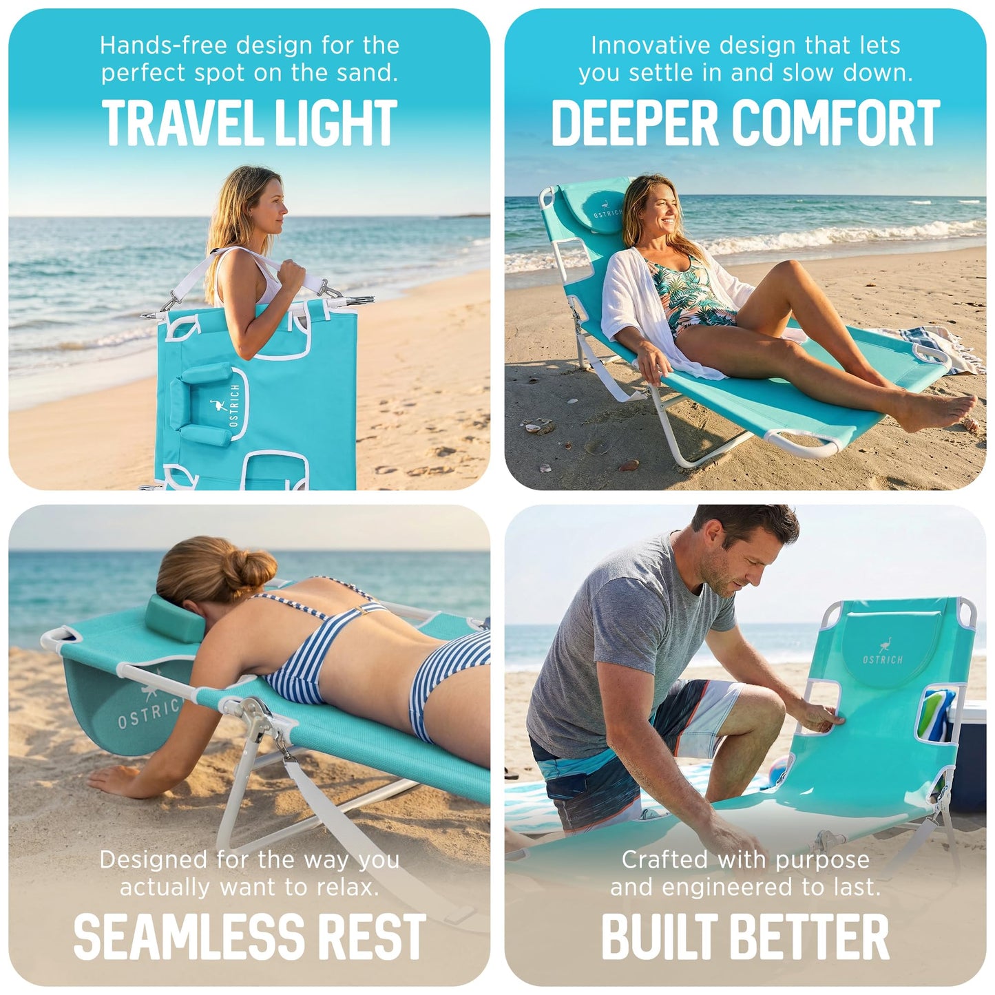 Ostrich the Original Chaise 72 x 22 Inch Lounge Portable Reclining Lounger, Outdoor Patio, Beach, Lawn, Camping, or Pool Tanning Chair, Teal