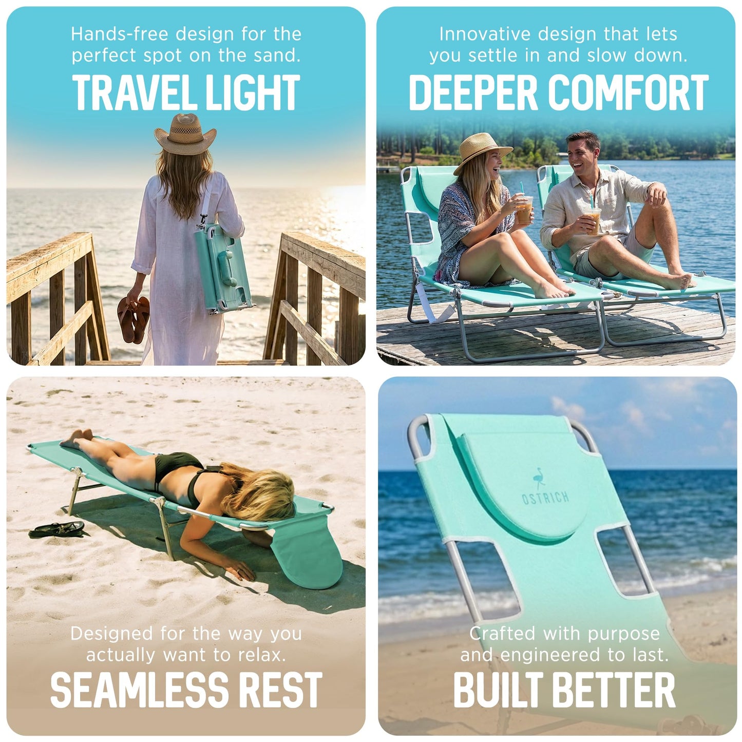 Ostrich the Original Chaise 72 x 22 Inch Lounge Portable Reclining Lounger, Outdoor Patio, Beach, Lawn, Camping, or Pool Tanning Chair, Teal
