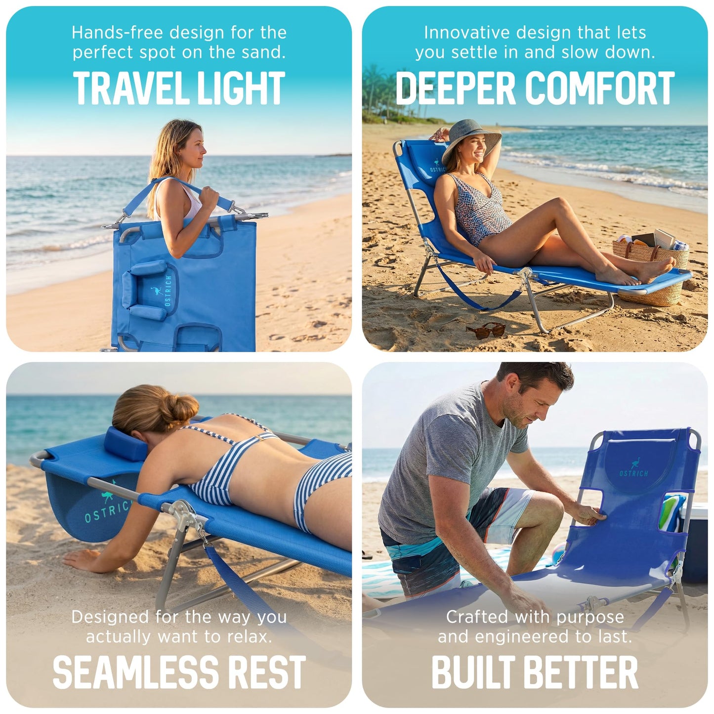 Ostrich the Original Chaise 72 x 22 Inch Lounge Portable Reclining Lounger, Outdoor Patio, Beach, Lawn, Camping, or Pool Tanning Chair, Teal