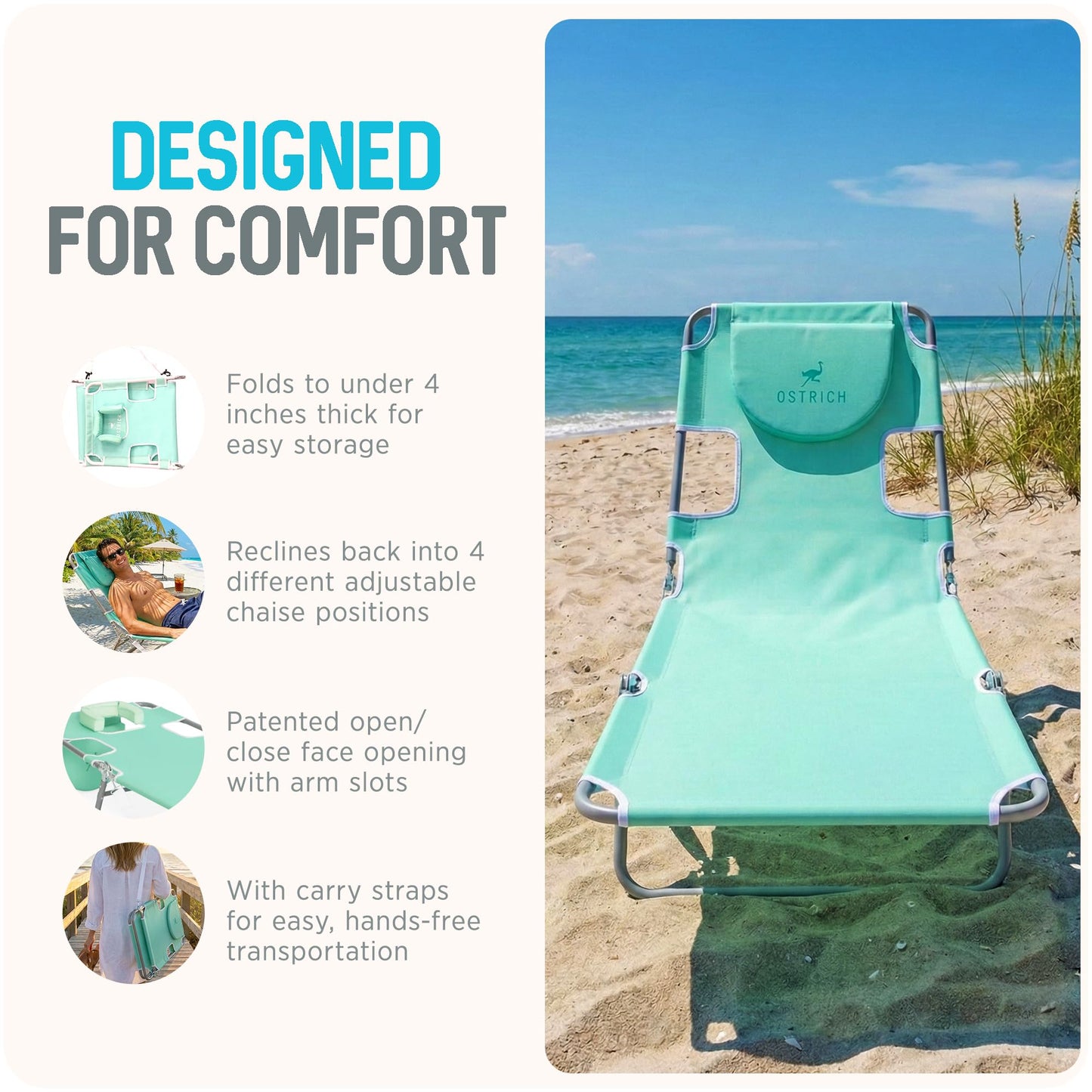 Ostrich the Original Chaise 72 x 22 Inch Lounge Portable Reclining Lounger, Outdoor Patio, Beach, Lawn, Camping, or Pool Tanning Chair, Teal