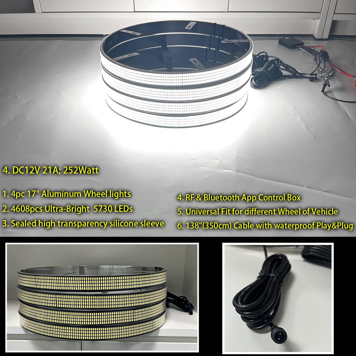 New 4Pcs 17in 8 Row Wheel Ring Lights Super Bright 8896Pcs 5730SMD LED Wheel Light with APP & RF Remote Control,Waterproof IP68 Pure White Wheel Rim Lights