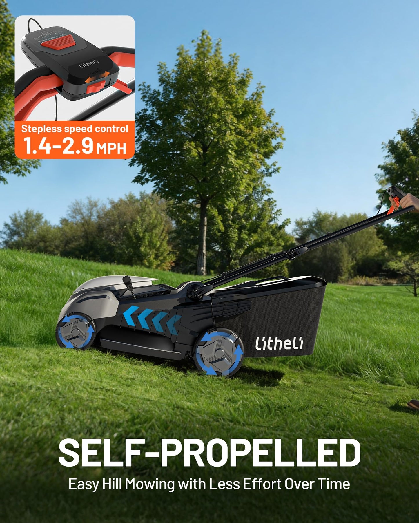 Litheli 18-inch 40V Brushless Lawn Mower for Garden Yards, Lightweight Cordless Lawn Mower Battery Powered with 6-Position Height Adjustment, 2x5.0Ah Battery Included