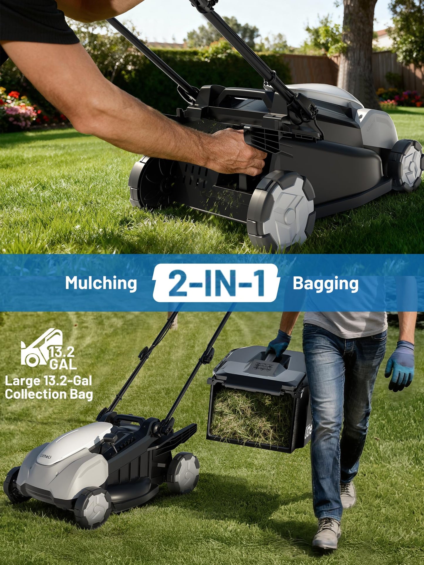 Litheli 18-inch 40V Brushless Lawn Mower for Garden Yards, Lightweight Cordless Lawn Mower Battery Powered with 6-Position Height Adjustment, 2x5.0Ah Battery Included
