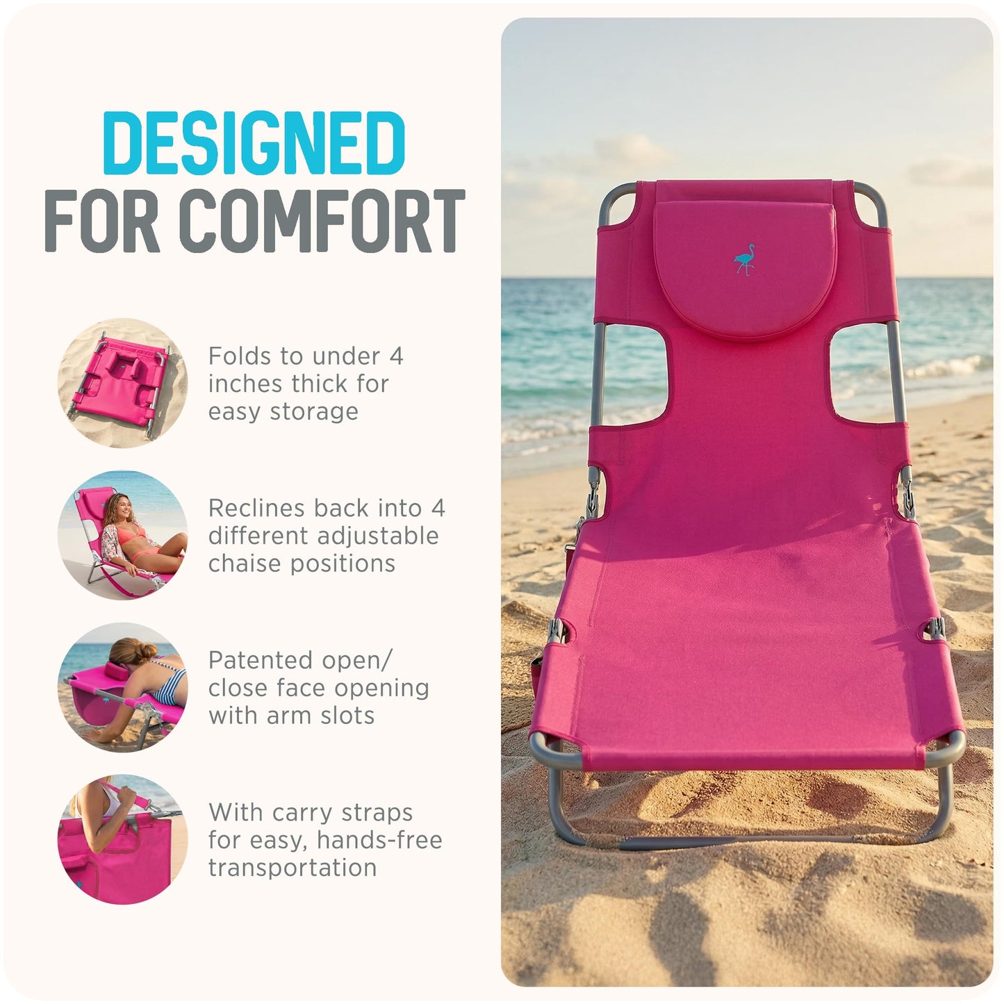 Ostrich the Original Chaise 72 x 22 Inch Lounge Portable Reclining Lounger, Outdoor Patio, Beach, Lawn, Camping, or Pool Tanning Chair, Teal