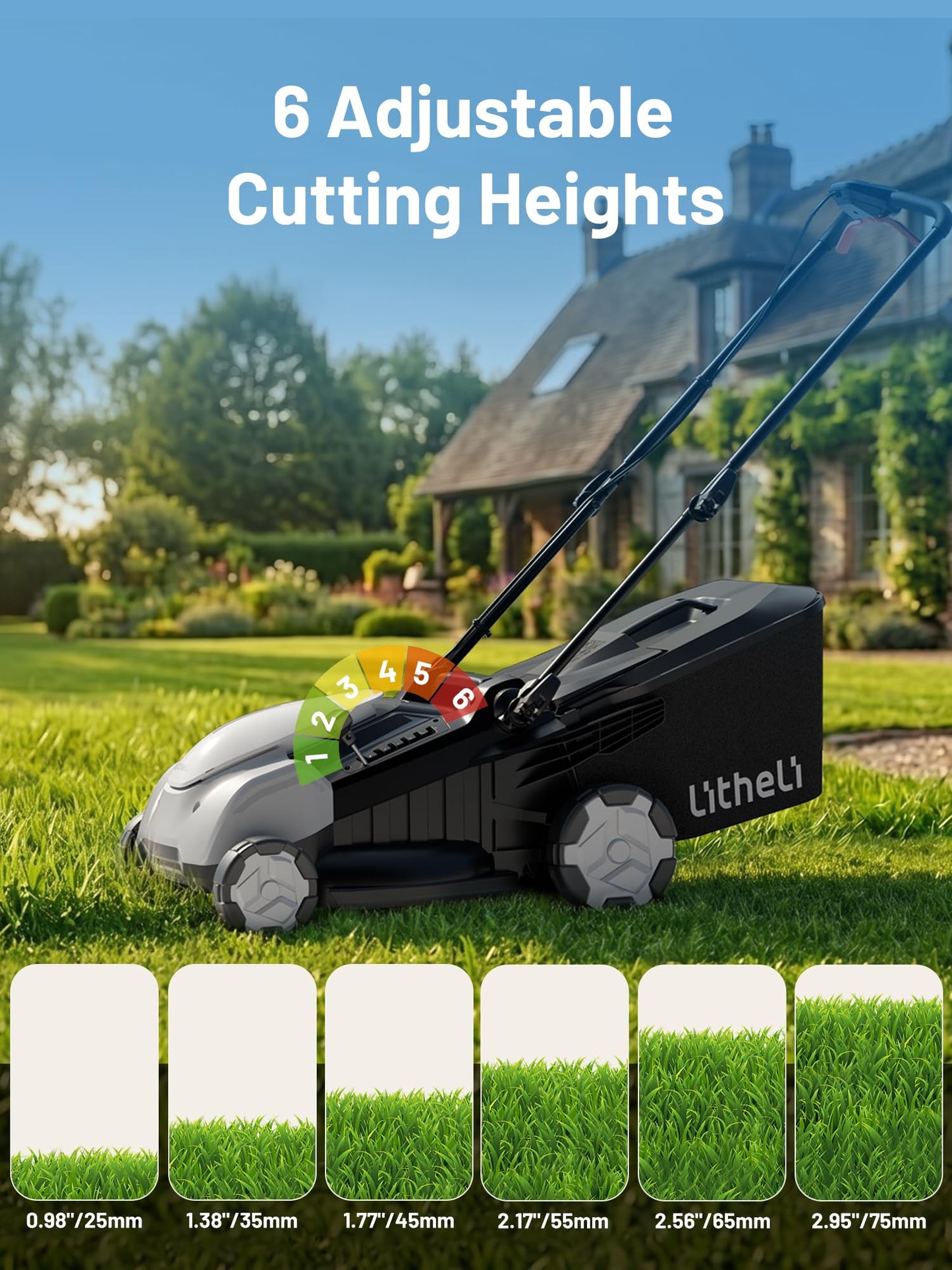 Litheli 18-inch 40V Brushless Lawn Mower for Garden Yards, Lightweight Cordless Lawn Mower Battery Powered with 6-Position Height Adjustment, 2x5.0Ah Battery Included