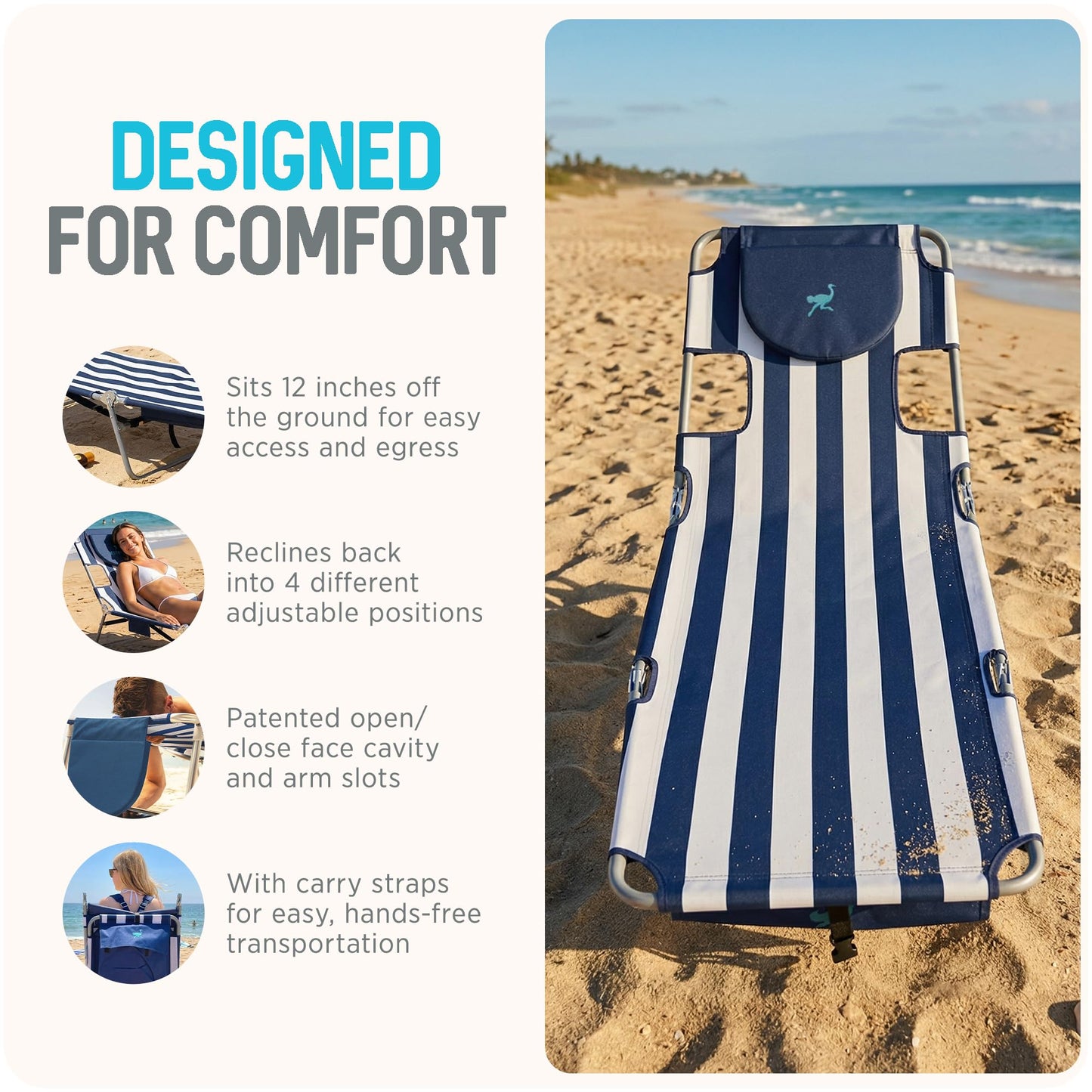 Ostrich the Original Chaise 72 x 22 Inch Lounge Portable Reclining Lounger, Outdoor Patio, Beach, Lawn, Camping, or Pool Tanning Chair, Teal