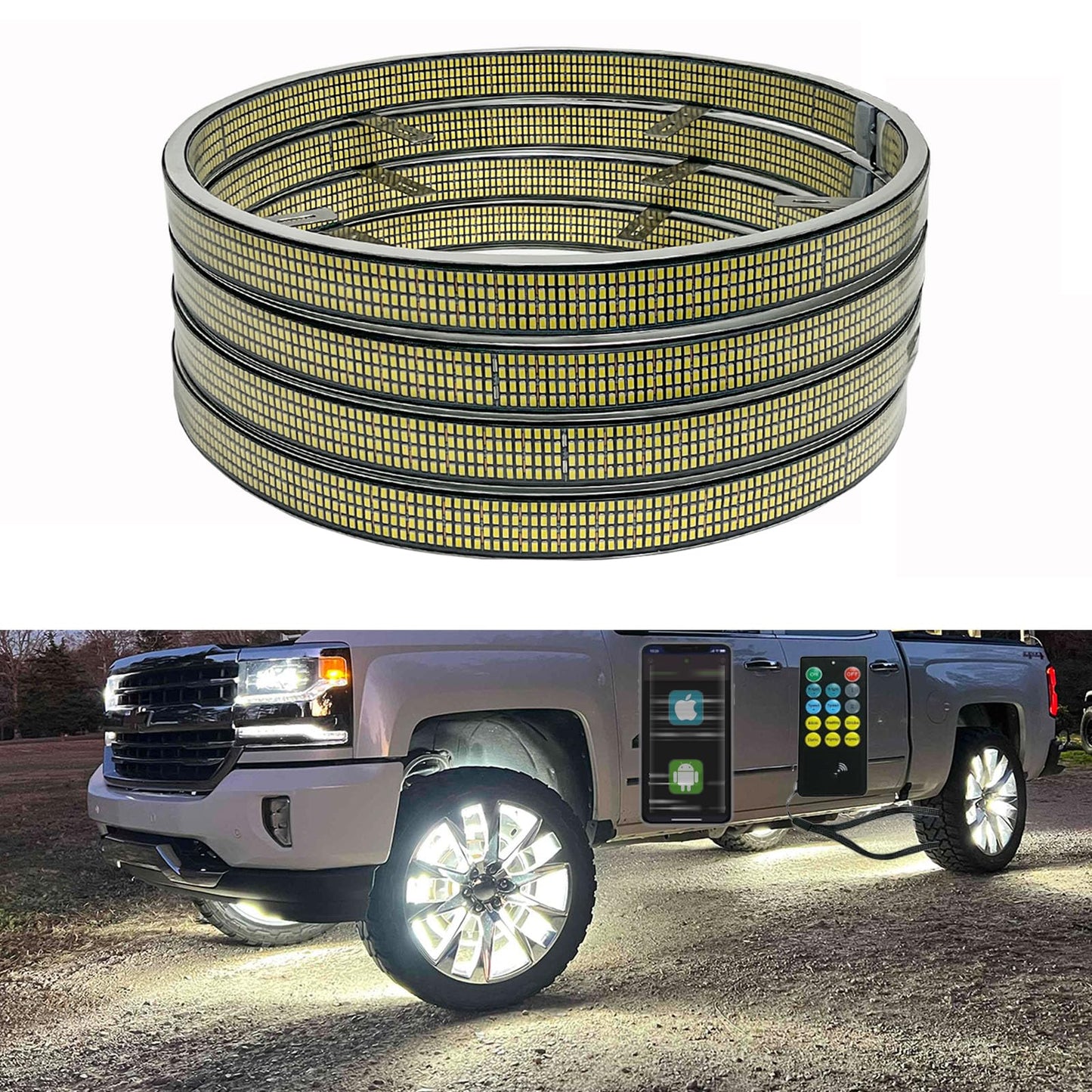 New 4Pcs 17in 8 Row Wheel Ring Lights Super Bright 8896Pcs 5730SMD LED Wheel Light with APP & RF Remote Control,Waterproof IP68 Pure White Wheel Rim Lights